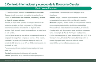 0.Contexto internacional y europeo de la Economía Circular
7
10/11/2023
Pacto Verde Europeo
Informe final proyecto Emplea Circular| Noviembre 2023
La Comisión Europea presenta en diciembre de 2019 el Pacto
Europeo como la herramienta principal con la que transformar
Europa en una economía más sostenible, competitiva y eficiente
en el uso de recursos naturales.
Para ello, el Pacto Verde garantiza la completa eliminación de
emisiones de gases de efecto invernadero en 2050, que el
crecimiento económico del continente no depende de los
recursos, y que ni ningún lugar ni ninguna persona se quede atrás
en este cambio.
El Pacto Verde se basa en una serie de propuestas que buscan la
adaptación de las políticas europeas en cuanto a clima, energía,
transporte y fiscalidad con el principal objetivo de, reducir la
emisión de GEI al menos en un 55% en 2030 en comparación con
los niveles de 1990.
Por sectores económicos los objetivos planteados en el pacto
verde son:
Energía: Descarbonización del sector de la energía.
Edificios: Renovación de los edificios con el fin de mejorar sus
infraestructuras y así minimizar el uso energético de los
ciudadanos.
Industria: Apoyar y fomentar la circularización de la industria
europea y posicionarla como líder mundial de la transición.
Movilidad: Asegurar y diseñar medios de transporte tanto públicos
como privados más sostenibles, económicos y saludables.
Para cumplir con estos objetivos más específicos, la Comisión
Europea ha ido, a lo largo de estos años, aprobando estrategias
como, por ejemplo: El Plan de Acción para una Economía
Circular, Estrategia de la UE sobre Biodiversidad para 2030, De la
Granja a la Mesa, Oleada de Renovación, Estrategia sobre el
metano, Estrategia sobre sustancias químicas para la
sostenibilidad, un nuevo Bauhaus europeo, etc.
 