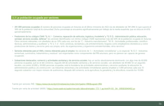 73
• 381.000 personas ocupadas: el número de personas ocupadas en Asturias en el último trimestre de 2022 era de alrededor de 381.000, lo que supone el
38% de la población total de la comunidad. Dicho porcentaje se encuentra significativamente por debajo de la media española, que se sitúa en el 43%
aproximadamente.
• Predominio de los códigos CNAE “G, H, I - Comercio, reparación de vehículos, logística y hostelería” y “O, P, Q - Administración pública, educación,
sanidad, servicios sociales, defensa”: los sectores identificados con dichos códigos CNAE representan más del 50% de la población ocupada en Asturias.
Otros sectores relevantes, con alrededor de un 10% cada uno, son los de “C - Industria manufacturera”, “M, N - Actividades profesionales, científico-
técnicas, administrativas y auxiliares” y “R, S, T, U - Activ. artísticas, recreativas y de entretenimiento; hogares como empleadores domésticos y como
productores de bienes y servicios para uso propio; activ. de organizaciones y organismos extraterritoriales; otros servicios”.
• Sectores relevantes para el VAB y menos relevantes para el empleo: los sectores de “L – Actividades inmobiliarias” y, en especial, “B, D, E - Industrias
extractivas, suministros, tratamientos y residuos” son importantes como componentes del PIB asturiano, pero no parecen ser capaces de generar
ocupación.
• Subsectores destacados; comercio y actividades sanitarias y de servicios sociales: hay un sector absolutamente dominante, con algo más de 60.000
personas ocupadas, que es el del comercio, seguido del de actividades sanitarias y de servicios sociales, con alrededor de 40.000. En un segundo
escalón, con entre 20.000 y 30.000 personas ocupadas, está la hostelería, las actividades administrativas y servicios auxiliares, la educación, la
administración pública y la construcción. Las industrias extractivas y las actividades inmobiliarias apenas emplean a 1.000 personas cada una. El
segundo subsector con mayor número de autónomos, después del comercio, es la agricultura, la ganadería y la silvicultura, rozando los 10.000.
Fuente por sectores: INE / https://www.ine.es/dynt3/inebase/es/index.htm?padre=990&capsel=994
Fuente por rama de actividad: SADEI / https://www.sadei.es/sadei/mercado-laboral/empleo_173_1_ap.html?f=03__04__04$$03040402.px
3.3 La población ocupada por sectores
Estudio del mercado laboral y las oportunidades de la economía circular en Asturias
D1 – Informe
 