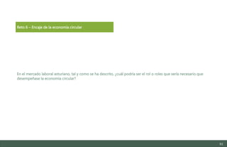 91
En el mercado laboral asturiano, tal y como se ha descrito, ¿cuál podría ser el rol o roles que sería necesario que
desempeñase la economía circular?
Reto 6 – Encaje de la economía circular
Estudio del mercado laboral y las oportunidades de la economía circular en Asturias
D1 – Informe
 