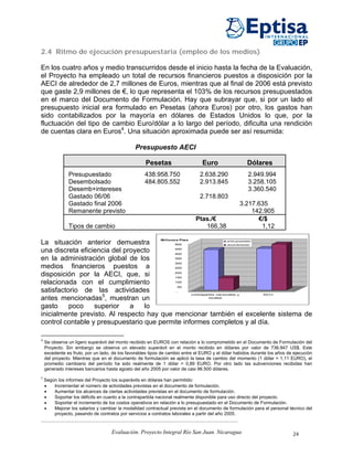 2.4 Ritmo de ejecución presupuestaria (empleo de los medios)

En los cuatro años y medio transcurridos desde el inicio hasta la fecha de la Evaluación,
el Proyecto ha empleado un total de recursos financieros puestos a disposición por la
AECI de alrededor de 2,7 millones de Euros, mientras que al final de 2006 está previsto
que gaste 2,9 millones de €, lo que representa el 103% de los recursos presupuestados
en el marco del Documento de Formulación. Hay que subrayar que, si por un lado el
presupuesto inicial era formulado en Pesetas (ahora Euros) por otro, los gastos han
sido contabilizados por la mayoría en dólares de Estados Unidos lo que, por la
fluctuación del tipo de cambio Euro/dólar a lo largo del período, dificulta una rendición
de cuentas clara en Euros4. Una situación aproximada puede ser así resumida:

                                               Presupuesto AECI

                                                    Pesetas                      Euro                     Dólares
               Presupuestado                        438.958.750                 2.638.290                 2.949.994
               Desembolsado                         484.805.552                 2.913.845                 3.258.105
               Desemb+intereses                                                                           3.360.540
               Gastado 06/06                                                    2.718.803
               Gastado final 2006                                                                       3.217.635
               Remanente previsto                                                                           142.905
                                                                              Ptas./€                         €/$
               Tipos de cambio                                                   166,38                        1,12

                                                            Millones Ptas
La situación anterior demuestra                                   500
                                                                                              presupuestado
                                                                                              desembolsado


una discreta eficiencia del proyecto                              450
                                                                  400

en la administración global de los                                350
                                                                  300
medios financieros puestos a                                      250

disposición por la AECI, que, si                                  200
                                                                  150

relacionada con el cumplimiento                                   100
                                                                   50
satisfactorio de las actividades                                   -
                                                                            contrapartes nacionales y          AECI
antes mencionadas5, muestran un                                                      locales


gasto     poco    superior    a   lo
inicialmente previsto. Al respecto hay que mencionar también el excelente sistema de
control contable y presupuestario que permite informes completos y al día.

4
    Se observa un ligero superávit del monto recibido en EUROS con relación a lo comprometido en el Documento de Formulación del
    Proyecto. Sin embargo se observa un elevado superávit en el monto recibido en dólares por valor de 736.947 US$. Este
    excedente es fruto, por un lado, de los favorables tipos de cambio entre el EURO y el dólar habidos durante los años de ejecución
    del proyecto. Mientras que en el documento de formulación se aplicó la tasa de cambio del momento (1 dólar = 1,11 EURO), el
    promedio cambiario del período ha sido realmente de 1 dólar = 0,89 EURO. Por otro lado las subvenciones recibidas han
    generado intereses bancarios hasta agosto del año 2005 por valor de casi 96.500 dólares.
5
    Según los informes del Proyecto los superávits en dólares han permitido:
    •   Incrementar el número de actividades previstas en el documento de formulación.
    •   Aumentar los alcances de ciertas actividades previstas en el documento de formulación.
    •   Soportar los déficits en cuanto a la contrapartida nacional realmente disponible para uso directo del proyecto.
    •   Soportar el incremento de los costos operativos en relación a lo presupuestado en el Documento de Formulación.
    •   Mejorar los salarios y cambiar la modalidad contractual prevista en el documento de formulación para el personal técnico del
        proyecto, pasando de contratos por servicios a contratos laborales a partir del año 2005.



                                    Evaluación. Proyecto Integral Río San Juan. Nicaragua                                  24
 