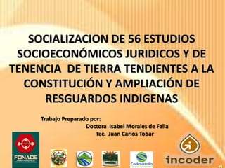 SOCIALIZACION DE 56 ESTUDIOS
 SOCIOECONÓMICOS JURIDICOS Y DE
TENENCIA DE TIERRA TENDIENTES A LA
  CONSTITUCIÓN Y AMPLIACIÓN DE
     RESGUARDOS INDIGENAS
     Trabajo Preparado por:
                     Doctora Isabel Morales de Falla
                         Tec. Juan Carlos Tobar
 