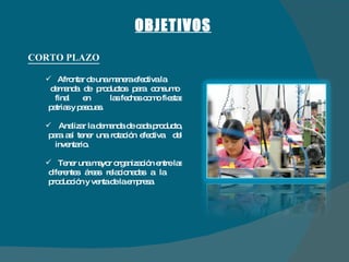CORTO PLAZO Afrontar de una manera efectiva la  demanda de productos para consumo  final  en  las fechas como fiestas patrias y pascuas. Analizar la demanda de cada producto, para así tener una rotación efectiva  del  inventario. Tener una mayor organización entre las diferentes áreas relacionadas a la  producción y venta de la empresa. OBJETIVOS 