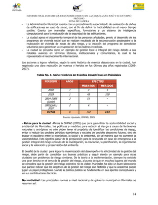 INFORME FINAL ESTUDIO SOCIOECONOMICO RESTO DE LA COMUNA SAN JOSÉ Y SU ENTORNO
                                      PRÓXIMO
                                   ZONA DE LADERA
-   La Administración Municipal cuenta con un procedimiento especializado de evaluación de daños
    de edificaciones en caso de sismo, con el fin de definir la habitabilidad en el menor tiempo
    posible. Cuenta con manuales específicos, formularios y un sistema de inteligencia
    computacional para la evaluación de la seguridad de las edificaciones.
-   La ciudad apoya el alojamiento temporal de las personas afectadas, previo al desarrollo de los
    programas de vivienda social que se realizan resultado de la reconstrucción posdesastre o la
    reubicación de vivienda de zonas de alto riesgo, y la creación del programa de demolición
    voluntaria para garantizar la recuperación de las laderas invadidas.
-   La ciudad se proyecta como un ejemplo de gestión local e integral del riesgo debido a sus
    notables avances en términos técnicos, institucionales y comunitarios, lo cual le ha
    representado el reconocimiento internacional.

Las acciones y logros referidos, según la serie histórica de eventos desastrosos en la ciudad, han
registrado una clara reducción de muertos y heridos en los últimos dos años registrados (2005-
2007).

             Tabla No. 1. Serie Histórica de Eventos Desastrosos en Manizales

                    PERIODO             AÑOS                     EFECTOS
                                                       MUERTOS          HERIDOS
                        2002               1                2                1
                        2003               1               45               100
                    2004-2005              2               51                -
                      (junio)
                    2005(julio)            2                4                -
                       2007
                     TOTAL                 6               102              101
                                     Fuente: Ajustado, OMPAD, 2005

- Retos para la ciudad: Afirma la OMPAD (2005) que para garantizar la sostenibilidad social y
ambiental de Manizales, las políticas y medidas para reducir el ries go a causa de fenómenos
naturales o antrópicos no sólo deben tener el propósito de identificar las condiciones de riesgo,
evitar o reducir las posibles pérdidas económicas y sociales de posibles desastres futuros, sino de
buscar el equilibrio entre lo económico, lo social y lo ambiental, de tal manera que no aumente la
vulnerabilidad. Esto significa pasar de la preparación para la respuesta en caso de emergencia a la
gestión integral del riesgo a través de la investigación, la educación, la planificación, la organización
social y la valoración y preservación del ambiente.

El desafió de la ciudad para lograr la maximización del desempeño y la efectividad de la gestión del
riesgo, debe partir de consolidar sus buenas prácticas y seguir siendo un ejemplo para otras
ciudades con problemas de riesgo similares. De la teoría a la implementación, siempre ha existido
una gran brecha en el tema de la gestión del riesgo, al punto de que en muchos lugares del mundo
se considera que la gestión del riesgo colectivo no es viable. Manizales ha sido un buen laboratorio
que parece indicar que los objetivos de la gestión del riesgo son factibles y que la academia puede
jugar un papel protagónico cuando la política pública se fundamenta en sus aportes conceptuales y
en sus contribuciones técnicas.

Normatividad: Las principales normas a nivel nacional y de gobierno municipal en Manizales se
resumen así:



                                                                                                      14
 