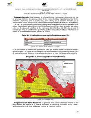 INFORME FINAL ESTUDIO SOCIOECONOMICO RESTO DE LA COMUNA SAN JOSÉ Y SU ENTORNO
                                      PRÓXIMO
                                   ZONA DE LADERA
                Fuente: Plan de Ordenamiento Territorial. Acuerdo 663 de septiembre 13 de 2007.

- Riesgo por incendio: Dada la escasez de información en el Municipio para determinar este tipo
de amenaza (sistemas de cocción, estado de las redes eléctricas, capacidad calorífica de los
materiales empleados para la construcción, entre otros), en el ejercicio realizado por la
administración para la renovación del Plan de Ordenamiento Territorial Acuerdo 663 de septiembre
13 de 2007, se utilizó como único insumo el Inventario de Tipologías Constructivas realizados por la
Oficina Municipal para la Atención y Prevención de Desastres -OMPAD-, dada la relación que poseen
estas con la capacidad calorífica de los materiales, identificándose los diferentes grados de
amenaza por tipos de construcción. Igualmente, se tiene en cuenta un radio de influencia de 50
metros de las estaciones de servicio, en caso de incendio.

              Tabla No. 4. Grados de amenaza por tipologías de construcción

                    GRADO DE AMENAZA                 TIPOLOGÍA CONSTRUCTIVA
                   Alta                             Bahareque
                   Moderada                         Bahareque y Mampostería
                   Baja                             Mampostería
                             Fuente: POT. Acuerdo 663 de septiembre 13 de 2007

En el área coexiste la amenaza alta y moderada, dado que las edificaciones ubicadas en la ladera
del barrio Galán y en partes del barrio Asís son casi en su totalidad construidas en bahareque; para
el resto de la comuna el sistema constructivo predominante es mixto –Bahareque y Mampostería.

                    Imagen No. 5. Amenazas por Incendio en Manizales




                                         Fuente: POT, Manizales, 2007

- Riesgo sísmico en el área de estudio: En general la Zona Andina Colombiana presenta un alto
riesgo sísmico por ubicarse en la zona de confluencia de tres placas tectónicas: Nazca, Caribe y
Suramericana, haciendo parte del llamado Cinturón de Fuego del Pacífico.


                                                                                                  20
 