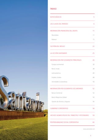 ÍNDICE



                                               DATOS BÁSICOS                                           5



                                               LAS CLAVES DEL PERIODO                                  6



                                               INFORMACIÓN FINANCIERA DEL GRUPO                        11

                                                Resultados                                             11

                                                Balance                                                15



                                               GESTIÓN DEL RIESGO                                      22



                                               LA ACCIÓN SANTANDER                                     25



                                               INFORMACIÓN POR SEGMENTOS PRINCIPALES                   26

                                                Europa continental                                     30

                                                Reino Unido                                            38

                                                Latinoamérica                                          40

                                                Estados Unidos                                         48

                                                Actividades Corporativas                               50



                                               INFORMACIÓN POR SEGMENTOS SECUNDARIOS                   52

                                                Banca Comercial                                        52

                                                Banca Mayorista Global                                 54

                                                Gestión de Activos y Seguros                           56



                                               GOBIERNO CORPORATIVO                                    58



                                               HECHOS SIGNIFICATIVOS DEL TRIMESTRE Y POSTERIORES       59



                                               RESPONSABILIDAD SOCIAL CORPORATIVA                      60



                                                                                        www.santander.com




INFORME FINANCIERO 2012 / ENERO - SEPTIEMBRE                                                       3
 