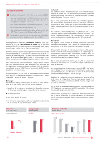 INFORMACIÓN POR SEGMENTOS PRINCIPALES


                                                                         Actividad
 Europa continental                                                      Los créditos a clientes del área disminuyen el 5% respecto de sep-
                                                                         tiembre del pasado año, con descensos en las unidades comerciales
        Beneficio atribuido de 1.813 millones de euros (-10,3%):         de España y Portugal, crecimiento en Bank Zachodni WBK y estabili-
                                                                         dad en Santander Consumer Finance.
        • Los ingresos básicos (+3,4%) mantienen su tenden-
          cia de crecimiento interanual, apoyados en el
                                                                         Por su parte, los depósitos de clientes, incluyendo los pagarés re-
          margen de intereses (+7,4%).
                                                                         tail prácticamente no registran variación, con mejor comporta-
        • Los costes descienden a perímetro constante (-1,2%).           miento de las redes comerciales, que se compensa con menores
                                                                         saldos mayoristas y la reducción de cesiones temporales de acti-
        • El margen neto aumenta un 6,1%.                                vos.
        • La caída del beneficio se debe al aumento del
          31,1% en insolvencias (España y Portugal).                     Por unidades, aumentos en España (+3%), Portugal (+5%) y Bank
                                                                         Zachodni WBK (+4% en moneda local), mientras Santander Con-
        Estrategia de crecimiento: preferencia por la liquidez           sumer Finance disminuye un 3%. En cuanto a los fondos de in-
        en un contexto de baja demanda del crédito.                      versión y planes de pensiones, descenso del 12% interanual.

                                                                         Resultados
Este segmento ha obtenido un beneficio atribuido hasta sep-              Los ingresos básicos (margen de intereses, comisiones y actividad
tiembre de 2012 de 1.813 millones de euros, con un descenso              de seguros) aumentan el 3,4% y el total de ingresos el 4,1%, con
interanual del 10,3%, que se encuentra condicionado por la mayor         crecimientos en las redes comerciales de España y Portugal.
dotación para insolvencias en el presente ejercicio.
                                                                         En su detalle, el margen de intereses aumenta un 7,4%, parcial-
En los resultados se recoge el efecto perímetro positivo derivado de     mente favorecido por la incorporación de SEB en Alemania y la en-
las incorporaciones al Grupo de Bank Zachodni WBK y de las su-           trada de Bank Zachodni WBK. Sin su efecto, aumento del 5,2%
cursales de SEB en Alemania, y un ligero efecto negativo por la ope-     sobre los nueve primeros meses de 2011, con buen comporta-
ración de seguros en España y Portugal. En conjunto suponen un           miento de las redes comerciales en España.
efecto favorable en torno a 2 puntos porcentuales en el beneficio.
                                                                         Por su parte, las comisiones disminuyen el 5,9% en comparativa
En la comparativa el tercer trimestre de 2012 y el mismo periodo         interanual, evolución que se ha visto afectada por los menores ni-
de 2011, el crecimiento del 2,8% en ingresos y la reducción del          veles de actividad.
0,4% en costes hace que el margen neto suba el 5,8%. El benefi-
cio atribuido aumenta el 36,1%, ante la reducción del 7,8% en las        Los costes de explotación aumentan respecto de 2011 por la inci-
dotaciones para insolvencias.                                            dencia del perímetro, ya que en términos homogéneos continúan
                                                                         reduciéndose (-1,2%), con descensos en torno al 1% en las redes
Europa continental incluye todas las actividades realizadas en esta      comerciales en España y del 4,3% en Portugal.
zona geográfica correspondientes a banca comercial, banca mayo-
rista global y gestión de activos y seguros.                             La solidez de ingresos y la contención de los costes tienen su reflejo
                                                                         en la mejora de 1,1 p.p. de la eficiencia hasta quedar situada en el
Estrategia                                                               45,0%, y en un crecimiento interanual del 6,1% en el margen neto
En un entorno débil y con bajos tipos de interés, las líneas estraté-    (+4,7% sin perímetro).
gicas de los dos últimos ejercicios han estado dirigidas a:
                                                                         Por su parte, las dotaciones para insolvencias, son superiores en un
• La defensa de los márgenes tanto de activo, donde los márgenes         31,1% a las del mismo periodo de 2011, que incluían 450 millones
  de la nueva producción siguen mejorando, como de pasivo.               de utilización de provisión genérica.

• El control de costes.                                                  De esta forma, y como ya se ha comentado, el descenso interanual
                                                                         del 10,3% en el beneficio atribuido, que se sitúa en 1.813 millo-
• Una activa gestión de riesgos.                                         nes de euros, viene motivado por las mayores dotaciones para in-
                                                                         solvencias.
• En volúmenes se sigue primando la liquidez y los depósitos dentro
  de un contexto de baja demanda del crédito.



Negocio                                 Margen neto                      Beneficio atribuido
% var. Sep’12-Sep’11                    Millones de euros                Millones de euros

(*) Incluye pagarés retail              +6,1%                            -10,3% 9M’12 / 9M’11
                                                                                878



                                                                                             700
                                                                 5.779




                                                                                                                                     627



                                                                                                                                               602
                                 0,0%




                                                                                                                           584
                                                     5.444




                                                                                                       443
                  -5,0%




                                                                                                                 266




         Créditos         Depósitos*           9M’11         9M’12          1T’11      2T’11       3T’11     4T’11     1T’12     2T’12     3T’12


  32                                                                                  ENERO - SEPTIEMBRE / INFORME FINANCIERO 2012
 