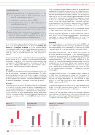 INFORMACIÓN POR SEGMENTOS PRINCIPALES


                                                                           La red Santander mantiene una política activa de refuerzo a las ne-
 Red Santander                                                             cesidades de financiación de los clientes y de impulso a sectores
        Beneficio atribuido de 513 millones de euros (-14,7%):             económicos más dinámicos. En esta línea de actuación se enmarca
                                                                           la puesta en marcha en la primera parte del año del Programa
        • Los ingresos suben el 4,2% interanual (+5,2%                     4.000, por ser ésta la cifra en millones de euros a disposición de la
          sobre el tercer trimestre de 2011).                              pymes y de los exportadores para desarrollar sus negocios, mediante
        • Los costes se mantienen planos (-0,2%).                          las líneas de financiación denominadas Crédito Activación y Plan
                                                                           Exporta. En este marco se han beneficiado 7.500 pymes con un im-
        • El margen neto aumenta el 7,9% (+9,8% sobre el                   porte financiado de casi 900 millones de euros y otros 5.000 expor-
          tercer trimestre de 2011).                                       tadores con un importe financiado que alcanza los 2.300 millones.
        • Comparativa interanual en beneficio afectada por
          las mayores dotaciones para insolvencias (+24,0%).               Asimismo, el Programa ICO aporta ya 19.300 operaciones nuevas
                                                                           en el año por un monto financiado de 1.340 millones de euros.
        La actividad refleja la aceleración en captación de re-
        cursos de clientes en balance (+10.600 millones en el              Si a estos programas específicos se añade la producción habitual,
        año) y la escasa demanda del crédito. Así, el gap co-              la red alcanza 160.000 operaciones de créditos y préstamos con-
        mercial mejora en 14.600 millones en el año.                       tratados por un importe total de 22.700 millones de euros, cifras
                                                                           relevantes en un mercado con modesta demanda del crédito.

                                                                           Resultados
En un entorno que sigue siendo complicado, la red Santander ob-            El margen de intereses en los primeros nueve meses de 2012 es de
tiene en los nueve primeros meses de 2012 un beneficio atri-               2.671 millones de euros, un 8,7% mayor respecto del mismo pe-
buido de 513 millones de euros, un 14,7% menos que en el                   riodo del año anterior, por el crecimiento de los depósitos de clientes
mismo periodo de 2011, por las mayores dotaciones. Antes de pro-           y la gestión activa de los spreads, particularmente los de crédito.
visiones, el margen neto sube el 7,9% con aceleración frente al
7,1% que crecía en el primer semestre y el 3,2% del primer tri-            Por su parte, las comisiones y ROF de clientes son similares a las
mestre.                                                                    del mismo periodo del año anterior. En este resultado inciden la
                                                                           evolución de las procedentes de los fondos de inversión (-19,7%),
Si la comparativa se hace entre el tercer trimestre de 2012 y el           en línea con el mercado, y las comisiones por riesgo de firma, que
mismo periodo de 2011, periodos estacionalmente comparables,               también disminuyen (-7,9%). Por el contrario, aumento de las pro-
los ingresos aumentan el 5,2%, los costes se mantienen práctica-           cedentes de compraventa de valores, medios de pago y seguros.
mente planos (-0,1%) y las dotaciones disminuyen el 36,9%. De              La caída del resto de ingresos se debe al mayor coste de la aporta-
esta forma, el margen neto sube el 9,8%, crecimiento que se eleva          ción al Fondo de Garantía de Depósitos, que ha pasado del 0,6 por
hasta el 162,8% en términos de beneficio atribuido.                        mil al 2 por mil de los pasivos computables. Ello supone un cargo
                                                                           de 108 millones de euros frente a los 35 millones del mismo pe-
Estrategia                                                                 riodo de 2011.
En 2012 la red Santander mantiene sus prioridades estratégicas: ges-
tión de la morosidad y calidad en la admisión del riesgo; foco priori-     El margen bruto se situó en 3.493 millones de euros, superior en
tario en la captación de recursos de clientes; campaña específica de       un 4,2% al del mismo periodo del pasado año. Por su parte, los
apoyo a las pymes y al sector exterior; gestión de precios; austeridad     costes de explotación siguen la tendencia plana de los últimos años,
en gastos; y mejora de la eficiencia. Todo ello manteniendo el objetivo    con lo que el margen neto se sitúa en 1.959 millones de euros
de aumentar la captación y vinculación transaccional de clientes.          (+7,9%), en tanto que el ratio de eficiencia queda en el 43,9%
                                                                           (45,8% a septiembre de 2011).
Actividad
Dentro del balance los recursos de clientes continúan su crecimiento       Las dotaciones netas para insolvencias de los nueve primeros meses
en los últimos meses. En concreto, el saldo se eleva a 94.423 millo-       del año son de 1.202 millones y suben un 24,0%. Sin embargo, se
nes de euros en septiembre, con aumento del 16% en relación al             produce una significativa reducción en el trimestre.
mismo mes del pasado ejercicio y del 13% sobre el cierre de 2011
(+10.600 millones de euros). Esta evolución permite aumentar la            La mora es del 9,56% en la red comercial (sin considerar la actividad
cuota de mercado en 2012 en 105 puntos básicos en depósitos más            mayorista) y del 6,98% en el banco matriz, más comparable con el
pagarés, aumento que se sitúa en más de 200 p.b. desde diciembre           del sector y sensiblemente por debajo de éste. La cobertura es del
de 2009.                                                                   62% para la red comercial y para el banco matriz.



Negocio                                   Margen neto                      Beneficio atribuido
% var. Sep’12-Sep’11                      Millones de euros                Millones de euros

(*) Incluye pagarés retail                +7,9%                            -14,7% 9M’12 / 9M’11
                                 +16,5%




                                                                                   274




                                                                                                                                               266
                                                                                               226
                                                                   1.959




                                                                                                                                     173
                                                       1.815




                                                                                                         101




                                                                                                                            75
                  -5,7%




                                                                                                                   58




         Créditos         Depósitos*             9M’11         9M’12          1T’11      2T’11       3T’11     4T’11    1T’12    2T’12     3T’12



           INFORME FINANCIERO 2012 / ENERO - SEPTIEMBRE                                                                                            33
 