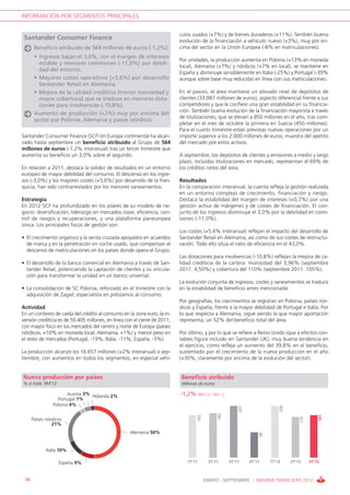 INFORMACIÓN POR SEGMENTOS PRINCIPALES


                                                                            culos usados (+7%) y de bienes duraderos (+11%). También buena
 Santander Consumer Finance                                                 evolución de la financiación a vehículo nuevo (+3%), muy por en-
       Beneficio atribuido de 564 millones de euros (-1,2%):                cima del sector en la Unión Europea (-8% en matriculaciones).
       • Ingresos bajan el 3,0%, con el margen de intereses
                                                                            Por unidades, la producción aumenta en Polonia (+13% en moneda
         estable y menores comisiones (-11,0%) por debili-
                                                                            local), Alemania (+7%) y nórdicos (+7% en local), se mantiene en
         dad del entorno.
                                                                            España y disminuye sensiblemente en Italia (-25%) y Portugal (-39%
       • Mayores costes operativos (+5,6%) por desarrollo                   aunque sobre base muy reducida) en línea con sus matriculaciones.
         Santander Retail en Alemania.
       • Mejora de la calidad crediticia (menor morosidad y                 En el pasivo, el área mantiene un elevado nivel de depósitos de
         mayor cobertura) que se traduce en menores dota-                   clientes (33.087 millones de euros), aspecto diferencial frente a sus
         ciones para insolvencias (-10,8%).                                 competidores y que le confiere una gran estabilidad en su financia-
                                                                            ción. También buena evolución de la financiación mayorista a través
       Aumento de producción (+2%) muy por encima del
                                                                            de titulizaciones, que se elevan a 850 millones en el año, tras com-
       sector por Polonia, Alemania y países nórdicos.
                                                                            pletar en el mes de octubre la primera en Suecia (450 millones).
                                                                            Para el cuarto trimestre están previstas nuevas operaciones por un
Santander Consumer Finance (SCF) en Europa continental ha alcan-            importe superior a los 2.000 millones de euros, muestra del apetito
zado hasta septiembre un beneficio atribuido al Grupo de 564                del mercado por estos activos.
millones de euros (-1,2% interanual) tras un tercer trimestre que
aumenta su beneficio un 3,0% sobre el segundo.                              A septiembre, los depósitos de clientes y emisiones a medio y largo
                                                                            plazo, incluidas titulizaciones en mercado, representan el 69% de
En relación a 2011, destaca la solidez de resultados en un entorno          los créditos netos del área.
europeo de mayor debilidad del consumo. El descenso en los ingre-
sos (-3,0%) y los mayores costes (+5,6%) por desarrollo de la fran-         Resultados
quicia, han sido contrarrestados por los menores saneamientos.              En la comparación interanual, la cuenta refleja la gestión realizada
                                                                            en un entorno complejo de crecimiento, financiación y riesgo.
Estrategia                                                                  Destaca la estabilidad del margen de intereses (+0,7%) por una
En 2012 SCF ha profundizado en los pilares de su modelo de ne-              gestión activa de márgenes y de costes de financiación. El con-
gocio: diversificación, liderazgo en mercados clave, eficiencia, con-       junto de los ingresos disminuye el 3,0% por la debilidad en comi-
trol de riesgos y recuperaciones, y una plataforma paneuropea               siones (-11,0%).
única. Los principales focos de gestión son:
                                                                            Los costes (+5,6% interanual) reflejan el impacto del desarrollo de
• El crecimiento orgánico y la venta cruzada apoyados en acuerdos           Santander Retail en Alemania, así como de sus costes de restructu-
  de marca y en la penetración en coche usado, que compensan el             ración. Todo ello sitúa el ratio de eficiencia en el 43,0%.
  descenso de matriculaciones en los países donde opera el Grupo.
                                                                            Las dotaciones para insolvencias (-10,8%) reflejan la mejora de ca-
• El desarrollo de la banca comercial en Alemania a través de San-          lidad crediticia de la cartera: morosidad del 3,96% (septiembre
  tander Retail, potenciando la captación de clientes y su vincula-         2011: 4,50%) y cobertura del 110% (septiembre 2011: 105%).
  ción para transformar la unidad en un banco universal.
                                                                            La evolución conjunta de ingresos, costes y saneamientos se traduce
• La consolidación de SC Polonia, reforzado en el trimestre con la          en la estabilidad de beneficio antes mencionada.
  adquisición de Zagiel, especialista en préstamos al consumo.
                                                                            Por geografías, los crecimientos se registran en Polonia, países nór-
Actividad                                                                   dicos y España, frente a la mayor debilidad de Portugal e Italia. Por
En un contexto de caída del crédito al consumo en la zona euro, la in-      lo que respecta a Alemania, sigue siendo la que mayor aportación
versión crediticia es de 59.405 millones, en línea con el cierre de 2011,   representa, un 52% del beneficio total del área.
con mayor foco en los mercados del centro y norte de Europa (países
nórdicos, +10% en moneda local; Alemania, +1%) y menor peso en              Por último, y por lo que se refiere a Reino Unido (que a efectos con-
el resto de mercados (Portugal, -19%; Italia, -11%; España, -3%).           tables figura incluido en Santander UK), muy buena tendencia en
                                                                            el ejercicio, como refleja un aumento del 39,8% en el beneficio,
La producción alcanzó los 16.657 millones (+2% interanual) a sep-           sustentado por el crecimiento de la nueva producción en el año
tiembre, con aumentos en todos los segmentos, en especial vehí-             (+30%, claramente por encima de la evolución del sector).


Nueva producción por países                                                 Beneficio atribuido
% s/ total. 9M’12                                                           Millones de euros

                       Austria 3% Holanda 2%                                -1,2% 9M’12 / 9M’11
                  Portugal 1%
                Polonia 4%
                                                                                                                             206
                                                                                                          201
                                                                                                186




                                                                                                                                                 181
                                                                                    183




                                                                                                                                       176




      Países nórdicos
                21%
                                                     Alemania 50%
                                                                                                                    96




             Italia 10%

                    España 9%                                                  1T’11       2T’11      3T’11     4T’11    1T’12     2T’12     3T’12



 36                                                                                       ENERO - SEPTIEMBRE / INFORME FINANCIERO 2012
 