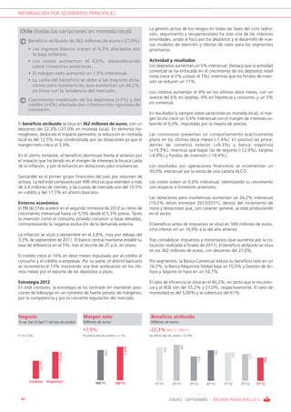 INFORMACIÓN POR SEGMENTOS PRINCIPALES


                                                                                   La gestión activa de los riesgos en todas las fases del ciclo (admi-
 Chile (todas las variaciones en moneda local)                                     sión, seguimiento y recuperaciones) ha sido una de las máximas
        Beneficio atribuido de 362 millones de euros (-27,0%):                     prioridades, unida al foco por los depósitos y al desarrollo de nue-
                                                                                   vos modelos de atención y ofertas de valor para los segmentos
        • Los ingresos básicos crecen el 4,3% afectados por                        prioritarios.
          la baja inflación.
        • Los costes aumentan el 6,6%, desacelerando                               Actividad y resultados
          sobre trimestres anteriores.                                             Los depósitos aumentan un 5% interanual. Destaca que la actividad
                                                                                   comercial se ha enfocado en el crecimiento de los depósitos retail
        • El margen neto aumenta un 1,3% interanual.
                                                                                   (vista crece el 2% y plazo el 7%), mientras que los fondos de inver-
        • La caída del beneficio se debe a las mayores dota-                       sión se reducen un 11%.
          ciones para insolvencias, que aumentan un 34,2%,
          en línea con la tendencia del mercado.                                   Los créditos aumentan el 4% en los últimos doce meses, con un
                                                                                   avance del 6% en tarjetas, 4% en hipotecas y consumo, y un 5%
        Crecimiento moderado de los depósitos (+5%) y del
        crédito (+4%) afectado por criterios más rigurosos de                      en comercial.
        concesión.
                                                                                   En resultados (y siempre sobre variaciones en moneda local), el mar-
                                                                                   gen bruto crece un 3,4% interanual con el margen de intereses su-
El beneficio atribuido se sitúa en 362 millones de euros, con un                   biendo el 6,0%, impulsado por la mejora de precios.
descenso del 22,3% (-27,0% en moneda local). En términos ho-
mogéneos, deducido el impacto perímetro, la reducción en moneda                    Las comisiones presentan un comportamiento prácticamente
local es del 12,5% muy condicionada por las dotaciones ya que el                   plano en los últimos doce meses (-1,4%). En positivo las proce-
margen neto crece el 3,9%.                                                         dentes de comercio exterior (+9,3%) y banca mayorista
                                                                                   (+19,3%), mientras que bajan las de seguros (-12,9%), tarjetas
En el último trimestre, el beneficio disminuye frente al anterior por              (-4,9%) y fondos de inversión (-14,4%).
el impacto que ha tenido en el margen de intereses la brusca caída
de la inflación, y por el esfuerzo en dotaciones para insolvencias.                Los resultados por operaciones financieras se incrementan un
                                                                                   30,0% interanual por la venta de una cartera ALCO.
Santander es el primer grupo financiero del país por volumen de
activos. La red está compuesta por 496 oficinas que atienden a más                 Los costes suben un 6,6% interanual, ralentizando su crecimiento
de 3,4 millones de clientes, y las cuotas de mercado son del 19,5%                 con respecto a trimestres anteriores.
en crédito y del 17,5% en ahorro bancario.
                                                                                   Las dotaciones para insolvencias aumentan un 34,2% interanual
Entorno económico                                                                  (19,2% tercer trimestre 2012/2011), dentro del incremento de
El PIB de Chile aceleró en el segundo trimestre de 2012 su ritmo de                mora y dotaciones que, con carácter general, se está produciendo
crecimiento interanual hasta un 5,5% desde el 5,3% previo. Tanto                   en el sector.
la inversión como el consumo privado crecieron a tasas elevadas,
contrarrestando la negativa evolución de la demanda externa.                       El beneficio antes de impuestos se situó en 599 millones de euros,
                                                                                   cifra inferior en un 16,9% a la del año anterior.
La inflación se situó a septiembre en el 2,8%, muy por debajo del
3,3% de septiembre de 2011. El banco central mantiene estable su                   Tras contabilizar impuestos y minoritarios (que aumenta por la co-
tasa de referencia en el 5%, tras el recorte de 25 p.b. en enero.                  locación realizada a finales de 2011), el beneficio atribuido se sitúa
                                                                                   en los 362 millones de euros, con descenso del 27,0%.
El crédito crece al 14% en doce meses impulsado por el crédito al
consumo y el crédito a empresas. Por su parte, el ahorro bancario                  Por segmentos, la Banca Comercial reduce su beneficio neto en un
se incrementa el 13% mostrando una leve aceleración en los últi-                   16,2%, la Banca Mayorista Global baja un 10,5% y Gestión de Ac-
mos meses por el repunte de los depósitos a plazo.                                 tivos y Seguros lo hace en un 54,1%.

Estrategia 2012                                                                    El ratio de eficiencia se sitúa en el 40,2%, en tanto que la recurren-
En este contexto, la estrategia se ha centrado en mantener posi-                   cia y el ROE son del 55,2% y 21,0%, respectivamente. El ratio de
ciones de liderazgo en un contexto de fuerte presión de márgenes,                  morosidad es del 5,00% y la cobertura del 61%.
por la competencia y por la creciente regulación del mercado.



Negocio                                     Margen neto                             Beneficio atribuido
% var. Sep’12-Sep’11 (sin tipo de cambio)   Millones de euros                       Millones de euros

                                            +7,9%                                  -22,3% 9M’12 / 9M’11
(*) Sin CTAs.                               Sin efecto tipo de cambio: +1,1%       Sin efecto tipo de cambio: -27,0%
                                                                                                          187
                                                                           1.016




                                                                                              162
                                                            942




                                                                                                                                 145
                               +5,2%




                                                                                                                                           133



                                                                                                                                                     127
                                                                                                                       118




                                                                                                                                                               103
                +3,7%




         Créditos       Depósitos*                   9M’11          9M’12              1T’11         2T’11       3T’11       4T’11     1T’12     2T’12     3T’12



  46                                                                                                ENERO - SEPTIEMBRE / INFORME FINANCIERO 2012
 