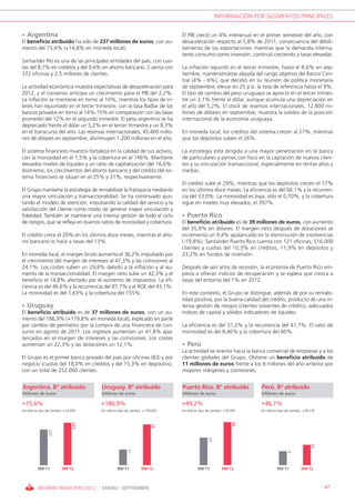 INFORMACIÓN POR SEGMENTOS PRINCIPALES


• Argentina                                                              El PIB creció un 4% interanual en el primer semestre del año, con
El beneficio atribuido ha sido de 237 millones de euros, con au-         desaceleración respecto al 5,8% de 2011, consecuencia del debili-
mento del 15,6% (+14,8% en moneda local).                                tamiento de las exportaciones mientras que la demanda interna,
                                                                         tanto consumo como inversión, continuó creciendo a tasas elevadas.
Santander Río es una de las principales entidades del país, con cuo-
tas del 8,7% en créditos y del 9,4% en ahorro bancario. Cuenta con       La inflación repuntó en el tercer trimestre, hasta el 8,6% en sep-
372 oficinas y 2,5 millones de clientes.                                 tiembre, manteniéndose alejada del rango objetivo del Banco Cen-
                                                                         tral (4% - 6%), que decidió en su reunión de política monetaria
La actividad económica muestra expectativas de desaceleración para       de septiembre, elevar en 25 p.b. la tasa de referencia hasta el 9%.
2012, y el consenso anticipa un crecimiento para el PIB del 2,2%.        El tipo de cambio del peso uruguayo se apreció en el tercer trimes-
La inflación se mantiene en torno al 10%, mientras los tipos de in-      tre un 3,1% frente al dólar, aunque acumula una depreciación en
terés han repuntado en el tercer trimestre, con la tasa Badlar de los    el año del 5,2%. El stock de reservas internacionales, 12.800 mi-
bancos privados en torno al 14%-15% en comparación con las tasas         llones de dólares en septiembre, muestra la solidez de la posición
promedio del 12% en el segundo trimestre. El peso argentino se ha        internacional de la economía uruguaya.
depreciado frente al dólar un 5,2% en el tercer trimestre y un 8,3%
en el transcurso del año. Las reservas internacionales, 45.400 millo-    En moneda local, los créditos del sistema crecen al 27%, mientras
nes de dólares en septiembre, disminuyen 1.200 millones en el año.       que los depósitos suben el 26%.

El sistema financiero muestra fortaleza en la calidad de sus activos,    La estrategia está dirigida a una mayor penetración en la banca
con la morosidad en el 1,5% y la cobertura en el 146%. Mantiene          de particulares y pymes con foco en la captación de nuevos clien-
elevados niveles de liquidez y un ratio de capitalización del 16,6%.     tes y su vinculación transaccional, especialmente en rentas altas y
Asimismo, los crecimientos del ahorro bancario y del crédito del sis-    medias.
tema financiero se sitúan en el 25% y 31%, respectivamente.
                                                                         El crédito sube el 29%, mientras que los depósitos crecen el 17%
El Grupo mantiene la estrategia de rentabilizar la franquicia mediante   en los últimos doce meses. La eficiencia es del 66,1% y la recurren-
una mayor vinculación y transaccionalidad. Se ha continuado ajus-        cia del 33,0%. La morosidad es baja, sólo el 0,70%, y la cobertura
tando el modelo de atención, impulsando la calidad del servicio y la     sigue en niveles muy elevados, el 397%.
satisfacción del cliente como modo de generar mayor vinculación y
fidelidad. También se mantiene una intensa gestión de todo el ciclo      • Puerto Rico
de riesgos, que se refleja en buenos ratios de morosidad y cobertura.    El beneficio atribuido es de 39 millones de euros, con aumento
                                                                         del 35,8% en dólares. El margen neto después de dotaciones se
El crédito crece el 20% en los últimos doce meses, mientras el aho-      incrementa un 9,4% apalancado en la disminución de insolvencias
rro bancario lo hace a tasas del 13%.                                    (-19,8%). Santander Puerto Rico cuenta con 121 oficinas, 516.000
                                                                         clientes y cuotas del 10,3% en créditos, 11,9% en depósitos y
En moneda local, el margen bruto aumenta el 36,2% impulsado por          23,2% en fondos de inversión.
el crecimiento del margen de intereses al 47,3% y las comisiones al
24,1%. Los costes suben un 29,8% debido a la inflación y al au-          Después de seis años de recesión, la economía de Puerto Rico em-
mento de la transaccionalidad. El margen neto sube un 42,3% y el         pieza a ofrecer indicios de recuperación y se espera que crezca a
beneficio el 14,8% afectado por el aumento de impuestos. La efi-         tasas del entorno del 1% en 2012.
ciencia es del 46,6% y la recurrencia del 87,7% y el ROE del 43,1%.
La morosidad es del 1,63% y la cobertura del 155%.                       En este contexto, el Grupo se distingue, además de por su rentabi-
                                                                         lidad positiva, por la buena calidad del crédito, producto de una in-
• Uruguay                                                                tensa gestión de riesgos (clientes solventes de crédito), adecuados
El beneficio atribuido es de 37 millones de euros, con un au-            índices de capital y sólidos indicadores de liquidez.
mento del 186,9% (+179,8% en moneda local), explicado en parte
por cambio de perímetro por la compra de una financiera de con-          La eficiencia es del 51,2% y la recurrencia del 41,7%. El ratio de
sumo en agosto de 2011. Los ingresos aumentan un 41,8% apa-              morosidad es del 8,46% y la cobertura del 60%.
lancados en el margen de intereses y las comisiones. Los costes
aumentan un 22,3% y las dotaciones un 12,1%.                             • Perú
                                                                         La actividad se orienta hacia la banca comercial de empresas y a los
El Grupo es el primer banco privado del país por oficinas (83) y por     clientes globales del Grupo. Obtiene un beneficio atribuido de
negocio (cuotas del 18,0% en créditos y del 15,3% en depósitos),         11 millones de euros frente a los 8 millones del año anterior por
con un total de 252.000 clientes.                                        mayores márgenes y comisiones.


Argentina. Bº atribuido              Uruguay. Bº atribuido               Puerto Rico. Bº atribuido           Perú. Bº atribuido
Millones de euros                    Millones de euros                   Millones de euros                   Millones de euros

+15,6%                              +186,9%                              +49,2%                              +46,7%
Sin efecto tipo de cambio: +14,8%   Sin efecto tipo de cambio: +179,8%   Sin efecto tipo de cambio: +35,8%   Sin efecto tipo de cambio: +28,1%
                                                                                                       39
                              237




                                                                  37
                205




                                                                                         26




                                                                                                                                           11
                                                    13




                                                                                                                             8




         9M’11          9M’12                9M’11          9M’12                 9M’11          9M’12                9M’11          9M’12



         INFORME FINANCIERO 2012 / ENERO - SEPTIEMBRE                                                                                            47
 