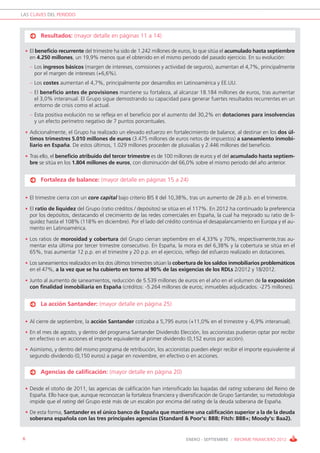 LAS CLAVES DEL PERIODO



        Resultados: (mayor detalle en páginas 11 a 14)

 • El beneficio recurrente del trimestre ha sido de 1.242 millones de euros, lo que sitúa el acumulado hasta septiembre
    en 4.250 millones, un 19,9% menos que el obtenido en el mismo periodo del pasado ejercicio. En su evolución:
    – Los ingresos básicos (margen de intereses, comisiones y actividad de seguros), aumentan el 4,7%, principalmente
      por el margen de intereses (+6,6%).
    – Los costes aumentan el 4,7%, principalmente por desarrollos en Latinoamérica y EE.UU.
    – El beneficio antes de provisiones mantiene su fortaleza, al alcanzar 18.184 millones de euros, tras aumentar
      el 3,0% interanual. El Grupo sigue demostrando su capacidad para generar fuertes resultados recurrentes en un
      entorno de crisis como el actual.
    – Esta positiva evolución no se refleja en el beneficio por el aumento del 30,2% en dotaciones para insolvencias
      y un efecto perímetro negativo de 7 puntos porcentuales.

 • Adicionalmente, el Grupo ha realizado un elevado esfuerzo en fortalecimiento de balance, al destinar en los dos úl-
    timos trimestres 5.010 millones de euros (3.475 millones de euros netos de impuestos) a saneamiento inmobi-
    liario en España. De estos últimos, 1.029 millones proceden de plusvalías y 2.446 millones del beneficio.

 • Tras ello, el beneficio atribuido del tercer trimestre es de 100 millones de euros y el del acumulado hasta septiem-
    bre se sitúa en los 1.804 millones de euros, con disminución del 66,0% sobre el mismo periodo del año anterior.


        Fortaleza de balance: (mayor detalle en páginas 15 a 24)


 • El trimestre cierra con un core capital bajo criterio BIS II del 10,38%, tras un aumento de 28 p.b. en el trimestre.

 • El ratio de liquidez del Grupo (ratio créditos / depósitos) se sitúa en el 117%. En 2012 ha continuado la preferencia
    por los depósitos, destacando el crecimiento de las redes comerciales en España, la cual ha mejorado su ratio de li-
    quidez hasta el 108% (118% en diciembre). Por el lado del crédito continúa el desapalancamiento en Europa y el au-
    mento en Latinoamérica.

 • Los ratios de morosidad y cobertura del Grupo cierran septiembre en el 4,33% y 70%, respectivamente,tras au-
    mentar esta última por tercer trimestre consecutivo. En España, la mora es del 6,38% y la cobertura se sitúa en el
    65%, tras aumentar 12 p.p. en el trimestre y 20 p.p. en el ejercicio, reflejo del esfuerzo realizado en dotaciones.

 • Los saneamientos realizados en los dos últimos trimestres sitúan la cobertura de los saldos inmobiliarios problemáticos
    en el 47%, a la vez que se ha cubierto en torno al 90% de las exigencias de los RDLs 2/2012 y 18/2012.

 • Junto al aumento de saneamientos, reducción de 5.539 millones de euros en el año en el volumen de la exposición
    con finalidad inmobiliaria en España (créditos: -5.264 millones de euros; inmuebles adjudicados: -275 millones).


        La acción Santander: (mayor detalle en página 25)

 • Al cierre de septiembre, la acción Santander cotizaba a 5,795 euros (+11,0% en el trimestre y -6,9% interanual).

 • En el mes de agosto, y dentro del programa Santander Dividendo Elección, los accionistas pudieron optar por recibir
    en efectivo o en acciones el importe equivalente al primer dividendo (0,152 euros por acción).
 • Asimismo, y dentro del mismo programa de retribución, los accionistas pueden elegir recibir el importe equivalente al
    segundo dividendo (0,150 euros) a pagar en noviembre, en efectivo o en acciones.


        Agencias de calificación: (mayor detalle en página 20)

 • Desde el otoño de 2011, las agencias de calificación han intensificado las bajadas del rating soberano del Reino de
    España. Ello hace que, aunque reconozcan la fortaleza financiera y diversificación de Grupo Santander, su metodología
    impide que el rating del Grupo esté más de un escalón por encima del rating de la deuda soberana de España.

 • De esta forma, Santander es el único banco de España que mantiene una calificación superior a la de la deuda
   soberana española con las tres principales agencias (Standard & Poor’s: BBB; Fitch: BBB+; Moody’s: Baa2).


6                                                                        ENERO - SEPTIEMBRE / INFORME FINANCIERO 2012
 