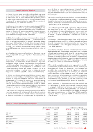 Banco de Chile ha mantenido sin cambios el tipo oficial desde
                  Marco externo general                                  enero (5%) ante el deterioro del escenario internacional, con un
                                                                         peso que se ha apreciado el 6,0% en el último trimestre hasta los
En el tercer trimestre, Grupo Santander ha desarrollado su actividad     473CLP=1US$.
en un entorno financiero menos volátil tras las decisiones adoptadas
en la Eurozona, pero de mayor debilidad del crecimiento mundial          La Eurozona mostró en el segundo trimestre una caída del PIB del
en el plano macroeconómico. Ante tal escenario las autoridades           0,2% trimestral, tras la estabilización del primero. La aportación po-
monetarias de los grandes países han respondido con nuevas me-           sitiva del sector exterior no compensó la debilidad de consumo e
didas de estímulo para la actividad económica.                           inversión, tendencias que parecen acentuarse en el tercer trimestre
                                                                         y alcanzar al núcleo de la Eurozona.
Paralelamente, el nuevo programa de compra de bonos del BCE, la
aprobación del mecanismo de ayuda permanente (ESM) y la pro-             Con la inflación repuntando (2,6% septiembre), el BCE ha mante-
puesta de unión bancaria de la Comisión Europea suponen nuevos           nido el tipo oficial en el 0,75% y se ha enfocado en la efectividad
avances en el camino de la integración y de la mejora de la gober-       de su política y en la irreversibilidad del euro con un nuevo pro-
nanza europea. Todo ello debe contribuir a reducir la inestabilidad      grama de compra de bonos. Todo ello ha supuesto la apreciación
financiera internacional y afianzar el crecimiento.                      del euro el 2,7% en el trimestre hasta 1,29US$=1euro al cierre de
                                                                         septiembre.
En EE.UU., los indicadores del tercer trimestre apuntan a niveles de
actividad similares a los del segundo (PIB +1,7% trimestral anuali-      Se mantiene la fuerte heterogeneidad por países. Así en el segundo
zado). El crecimiento apoyado en el consumo y la inversión residen-      trimestre Alemania creció un 0,3% trimestral, apoyado tanto en la
cial muestra debilidad por el elevado desempleo y el reducido            demanda interna como en el sector exterior. Por otro lado, Francia
aumento de la renta salarial. Con la inflación contenida en el en-       permaneció estable e Italia y Portugal se contrajeron un 0,7% y un
torno del 2%, la Fed sigue apoyando fuerte el crecimiento tras lan-      1,3%, respectivamente.
zar un QE3 y garantizar tipos cercanos a cero hasta la mitad del
2015.                                                                    En España, los indicadores del tercer trimestre no muestran un de-
                                                                         terioro adicional de la actividad sobre el segundo (PIB -0,4% trimes-
La actividad en Latinoamérica refleja el menor dinamismo interna-        tral) dado que la contracción de la demanda interna superará una
cional, en especial de China, y su impacto en el precio de las mate-     aportación exterior que sigue fuerte (en julio, superávit por cuenta
rias primas.                                                             corriente). Se modera la destrucción de empleo aunque en niveles
                                                                         elevados (tasa de paro 24,6% en el segundo trimestre). En septiem-
Por países, en Brasil, las medidas expansivas de política fiscal y mo-   bre, la inflación aumentó hasta el 3,4% impulsada por el aumento
netaria unidas a la depreciación del real comienzan a impulsar la        del IVA que se suma al encarecimiento de la energía.
economía en el tercer trimestre, tras un segundo trimestre débil (PIB
+0,5% interanual) por descensos en inversión y exportaciones. La         El Reino Unido agudizó su recesión en el segundo trimestre (PIB -
inflación contenida (5,3% en septiembre) ha permitido al Banco           0,5% trimestral) por descensos en consumo privado, inversión y ex-
Central reducir en octubre el Selic hasta el 7,25% vs. 11% de di-        portaciones. Para corregir esta tendencia, y con la inflación bajo
ciembre, que contribuye a mantener el real en niveles más razona-        control (2,2% a septiembre), el Banco de Inglaterra ha mantenido
bles para las autoridades (2,03 BRL=1US$ al cierre del trimestre).       una política expansiva (tipo oficial en mínimos, 0,5%; ampliación
                                                                         compra de bonos a 375.000 millones de libras), y ha lanzado con el
En México, los indicadores de actividad del tercer trimestre apun-       Tesoro un programa de flexibilización del crédito. Los primeros datos
tan a niveles de actividad por encima del potencial tras la fortaleza    del tercer trimestre ya apuntan en la línea de recuperación de la ac-
mostrada en el segundo (PIB +4,1% interanual). El crecimiento se-        tividad. Mientras tanto, la libra se ha apreciado con el euro el 1,1%
guirá apoyado en el consumo de servicios y en la inversión, a pesar      en el trimestre hasta 1,25 euros=1GBP al cierre de septiembre.
del repunte del paro en el trimestre (5,0% en septiembre). El
Banco de México apunta a mantener sus tipos estables en el 4,5%          Polonia desaceleró su crecimiento en el segundo trimestre (PIB
a pesar de ligeras presiones inflacionistas (4,8%), con el peso apre-    +2,4% interanual vs. +3,5% anterior) ante el menor crecimiento
ciándose un 4,4% en el trimestre hasta 12,8 MXN=1US$.                    en Europa y la moderación del consumo interno, afectado por la
                                                                         ralentización del mercado de trabajo y del crédito. Con una inflación
Chile aceleró su actividad en el segundo trimestre (PIB +5,5%            más moderada (3,8% en septiembre) se han elevado las probabili-
interanual) apoyado en la fortaleza de la demanda interna, tanto         dades de próximos descensos en el tipo oficial (4,75% actual). Por
en consumo (paro en mínimos, elevado crédito al consumo) como            su parte, el zloty se ha apreciado el 3,5% en el trimestre hasta los
en inversión. Controlada la inflación (2,8% en septiembre), el           4,10PLN=1euro.




Tipos de cambio: paridad 1 euro / moneda

                                                                 Cambio medio (resultados)                     Cambio final (balance)
                                                                    9M’12          9M’11                 30.09.12    31.12.11      30.09.11

Dólar USA                                                             1,2799        1,4055                1,2930        1,2939         1,3503
Libra                                                                 0,8116        0,8711                0,7981        0,8353         0,8667
Real brasileño                                                        2,4498        2,2928                2,6232        2,4159         2,5067
Nuevo peso mexicano                                                  16,9314       16,9089               16,6086       18,0512        18,5936
Peso chileno                                                        626,1244      666,5810              611,5567      671,3400       703,7088
Peso argentino                                                        5,7094        5,7494                6,0655        5,5686         5,6773
Zloty polaco                                                          4,2063        4,0163                4,1038        4,4580         4,4050


 8                                                                                  ENERO - SEPTIEMBRE / INFORME FINANCIERO 2012
 