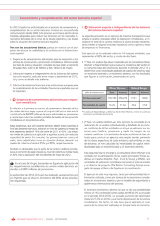 Saneamiento y recapitalización del sector bancario español


En 2012 España ha profundizado en el proceso de saneamiento y             2.      Valoración experta e independiente de los balances
recapitalización de su sector bancario, inmerso en una profunda                   del sistema bancario español
restructuración desde 2009. Este proceso se enmarca dentro de las
medidas adoptadas para reducir las tensiones en los mercados fi-          La segunda actuación es un ejercicio de máxima transparencia que
nancieros derivadas de la crisis de la deuda soberana y las dudas         amplía el análisis realizado sobre la exposición inmobiliaria, al in-
sobre la situación del sistema bancario español.                          corporar el total de la cartera crediticia al sector privado residente,
                                                                          tanto crédito a hogares (incluidas hipotecas) como a pymes y resto
Tres son las actuaciones básicas puestas en marcha con el pro-            de empresas no financieras.
pósito de reforzar la credibilidad y la confianza en el sistema ban-
cario español:                                                            Este ejercicio se ha realizado sobre las 14 mayores entidades, que
                                                                          representan el 90% del sector, y consta de dos fases.
1. Exigencia de saneamientos adicionales para la exposición a los
   activos de construcción y promoción inmobiliaria, diferenciando        • 1ª fase. Un análisis top-down (realizado por las consultoras Oliver
   por tipo de activo y situación, incluidos los que están al corriente     Wyman y Roland Berger) para evaluar la resistencia del sector en
   de pago (RDL 2/2012 de febrero y RDL 18/2012 de mayo).                   su conjunto bajo dos escenarios durante el periodo 2012-14 y
                                                                            determinar unas necesidades globales de capital del sistema, bajo
2. Valoración experta e independiente de los balances del sistema           un escenario estándar y un escenario adverso, con los resultados
   bancario español, realizada entre mayo y septiembre de 2012,             que figuran a continuación, presentados en junio.
   tal y como se detalla más adelante.

3. Solicitud de asistencia financiera a las instituciones europeas para
   la recapitalización de las entidades financieras españolas que así                                       Oliver Wyman                Roland Berger
   lo requieran.
                                                                               Miles de millones euros       Base       Adverso          Base       Adverso

                                                                           Pérdida esperada*              170-190       250-270         119,1         169,8
1.     Exigencia de saneamientos adicionales para exposi-
      ción inmobiliaria
                                                                           Necesidades de capital           16-25         51-62          25,6          51,8
En relación a la primera actuación, el saneamiento derivado de los
dos reales decretos leyes supone al conjunto del sector bancario la       *El análisis de Roland Berger, a diferencia del de Oliver Wyman, sí tiene en cuenta las
constitución de 84.000 millones de euros adicionales en provisiones        provisiones constituidas previamente.
y capital para cubrir las posibles pérdidas derivadas de la exposición
inmobiliaria en los próximos años.
                                                                          • 2ª fase. Un análisis bottom-up. Este ejercicio ha consistido en la
Estas exigencias, que con carácter general, deben estar cubiertas al        realización de un análisis individualizado y detallado de las carte-
final del presente ejercicio, elevarán el nivel de cobertura medio de       ras crediticias de dichas entidades en el que se valoraron sus sis-
este segmento desde el 18% de cierre de 2011 al 45%. Los mayo-              temas para clasificar, provisionar y medir los riesgos de sus
res niveles de cobertura se aplicarán a aquellos activos con reducida       carteras crediticias. Los resultados de estas auditorías se han uti-
capacidad de venta. En concreto, las promociones en curso y el              lizado para construir un ejercicio más amplio donde, partiendo
suelo, tanto adjudicados como en situación dudosa, elevarán sus             de los datos específicos de cada entidad y aplicándoles un test
niveles de cobertura hasta el 65% y el 80%, respectivamente.                de esfuerzo, se han calculado las necesidades de capital indivi-
                                                                            dualizadas bajo un escenario base y un escenario adverso.
También es destacable que la parte de la cartera crediticia inmobi-
liaria al corriente de pago elevará su nivel de cobertura media hasta          Esta segunda fase se encargó a la consultora Oliver Wyman y ha
el 30% tras la aplicación del real decreto de mayo de 2012.                    contado con la participación de las cuatro principales firmas au-
                                                                               ditoras en España (Deloitte, PwC, Ernst & Young y KPMG), seis
                                                                               sociedades de valoración inmobiliaria nacionales e internacionales
     En el caso de Grupo Santander en España la aplicación de
los requerimientos establecidos en ambos reales decretos as-                   y un director de proyecto (The Boston Consulting Group) encar-
cienden a 6.800 millones de provisiones.                                       gado de apoyar al Banco de España en la coordinación.

A septiembre de 2012 el Grupo ha realizado saneamientos por                    El ejercicio ha sido muy riguroso, tanto por exhaustividad de in-
un importe que se sitúa en el entorno del 90% de las provisio-                 formación utilizada, como por dureza de los escenarios conside-
nes requeridas.                                                                rados en el escenario adverso y por el modelo de seguimiento y
                                                                               gobernanza internacional del proceso.

                                                                               El escenario económico adverso (al que se da una probabilidad
                                                                               inferior al 1%) contempla fuertes caídas del PIB (6,5% acumulado
                                                                               en el periodo 2012-2014), un acusado aumento del desempleo
                                                                               (hasta el 27,2% en 2014) y una fuerte depreciación de los activos
                                                                               inmobiliarios. De hecho, es más duro que el aplicado en cual-
                                                                               quiera de los stress test realizados en Europa hasta el momento.




       INFORME FINANCIERO 2012 / ENERO - SEPTIEMBRE                                                                                                           9
 