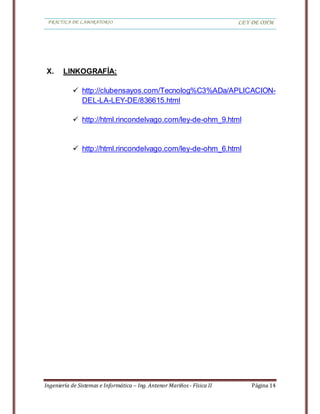 PRACTICA DE LABORATORIO LEY DE OHM
Ingeniería de Sistemas e Informática – Ing. Antenor Mariños - Física II Página 14
X. LINKOGRAFÍA:
 http://clubensayos.com/Tecnolog%C3%ADa/APLICACION-
DEL-LA-LEY-DE/836615.html
 http://html.rincondelvago.com/ley-de-ohm_9.html
 http://html.rincondelvago.com/ley-de-ohm_6.html
 