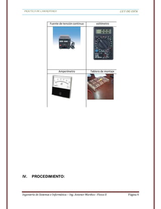 PRACTICA DE LABORATORIO LEY DE OHM
Ingeniería de Sistemas e Informática – Ing. Antenor Mariños - Física II Página 4
IV. PROCEDIMIENTO:
Fuente de tensión continua voltímetro
Amperímetro Tablero de montaje
 