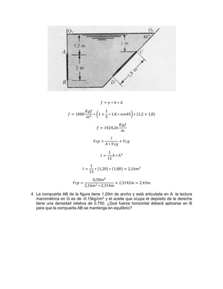𝑓 = 𝛾 ∗ ℎ ∗ 𝐴
𝑓 = 1000
𝐾𝑔𝑓
𝑚3
∗ (1 +
1
3
∗ 1,8 ∗ 𝑠𝑒𝑛45) ∗ (1,2 + 1,8)
𝑓 = 1424,26
𝐾𝑔𝑓
𝑚
𝑌𝑐𝑝 =
𝐼
𝐴 ∗ 𝑌𝑐𝑔
+ 𝑌𝑐𝑔
𝐼 =
1
12
𝑏 ∗ ℎ3
𝐼 =
1
12
∗ (1,20) ∗ (1,80) = 2,16𝑚2
𝑌𝑐𝑝 =
0,58𝑚4
2,16𝑚2 ∗ 2.314𝑚
+ 2,3142𝑚 = 2,43𝑚
4 La compuerta AB de la figura tiene 1.20m de ancho y está articulada en A. la lectura
manométrica en G es de -0.15kg/cm2
y el aceite que ocupa el depósito de la derecha
tiene una densidad relativa de 0.750. ¿Qué fuerza horizontal deberá aplicarse en B
para que la compuerta AB se mantenga en equilibrio?
 