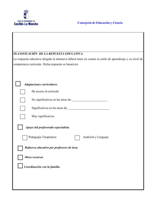 Consejería de Educación y Ciencia
PLANIFICACIÓN DE LA REPUESTA EDUCATIVA.
La respuesta educativa dirigida al alumno/a deberá tener en cuenta su estilo de aprendizaje y su nivel de
competencia curricular. Dicha respuesta se basará en:
Adaptaciones curriculares.
Apoyo del profesorado especialista:
Pedagogía Terapéutica Audición y Lenguaje
Refuerzo educativo por profesores de área
Otros recursos
Coordinación con la familia.
Muy significativas
Significativas en las áreas de: ___________________________
No significativas en las áreas de: _______________________
De acceso al currículo
 