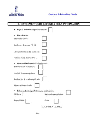 Consejería de Educación y Ciencia
8.- INSTRUMENTOS DE RECOGIDA DE LA INFORMACIÓN.
 Hoja de demanda del profesor/a tutor/a
 Entrevista con:
Profesor/a tutor/a
Profesores de apoyo: PT, AL
Otros profesores/as del alumno/a:
Familia: padre, madre, otros ...
 Observación directa del/de la alumno/a:
Entrevista con el alumno/a
Análisis de tareas escolares
Realización de pruebas tipificadas
Observación en el aula
 Informes de otros profesionales e instituciones:
Médicos: Socio-psicopedagógicos:
Logopédicos: Otros:
EL/LA ORIENTADOR/A
Fdo:
 