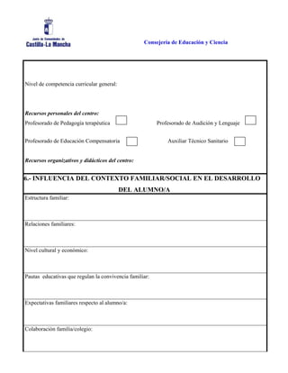 Consejería de Educación y Ciencia
Nivel de competencia curricular general:
Recursos personales del centro:
Profesorado de Pedagogía terapéutica Profesorado de Audición y Lenguaje
Profesorado de Educación Compensatoria Auxiliar Técnico Sanitario
Recursos organizativos y didácticos del centro:
6.- INFLUENCIA DEL CONTEXTO FAMILIAR/SOCIAL EN EL DESARROLLO
DEL ALUMNO/A
Estructura familiar:
Relaciones familiares:
Nivel cultural y económico:
Pautas educativas que regulan la convivencia familiar:
Expectativas familiares respecto al alumno/a:
Colaboración familia/colegio:
 