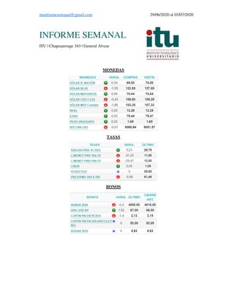 ituinformesemanal@gmail.com 29/06/2020 al 03/07/2020
INFORME SEMANAL
ITU | Chapeaurouge 163 | General Alvear
MONEDAS
TASAS...
