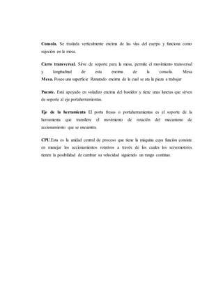 Consola. Se traslada verticalmente encima de las vías del cuerpo y funciona como
sujeción en la mesa.
Carro transversal. Sirve de soporte para la mesa, permite el movimiento transversal
y longitudinal de esta encima de la consola. Mesa
Mesa. Posee una superficie Ranurado encima de la cual se ata la pieza a trabajar
Puente. Está apoyado en voladizo encima del bastidor y tiene unas lunetas que sirven
de soporte al eje portaherramientas.
Eje de la herramienta El porta fresas o portaherramientas es el soporte de la
herramienta que transfiere el movimiento de rotación del mecanismo de
accionamiento que se encuentra.
CPU.Esta es la unidad central de proceso que tiene la máquina cuya función consiste
en manejar los accionamientos rotativos a través de los cuales los servomotores
tienen la posibilidad de cambiar su velocidad siguiendo un rango continuo.
 