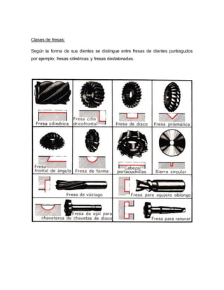 Clases de fresas:
Según la forma de sus dientes se distingue entre fresas de dientes puntiagudos
por ejemplo: fresas cilíndricas y fresas destalonadas.
 
