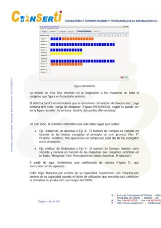 Página 134 de 193
Maquina/fecha
Simulación de Producción
MaterialDesglose Carga de MáquinaFabricaciónPedidos
Máquina 1
Máquina 2
Máquina 3
Máquina 4
Máquina 5
Máquina 6
Máquina 7
Máquina 8
Máquina 9
Máquina 10
Máquina 11
Máquina 12
Máquina 13
1 2 3 4 5 6 7 8 9 10 11 12 13 14 15 16 17 18 19 20 21 22 23 24 25 26 27 28
Coste
Figura PRESPROD5
La misión de esta fase consiste en la asignación a las máquinas de todo el
desglose que figura en la pestaña anterior.
El sistema tendrá un formulario que se denomina “simulación de Producción”, cuya
pestaña nº5 sería “carga de máquina” (Figura PRESPROD5), según se puede ver
en la figura anterior, la ventana tendría dos partes diferenciadas;
En este caso, la ventana contendría una sola tabla cuyos ejes serían:
• Eje Horizontal, de Abscisas o Eje X.- El número de Campos es variable en
función de las fechas escogidas al principio de este proceso (Ver 1ª
Pestaña. Pedidos). Nos aparecería un campo por cada día de los escogidos
en la simulación.
• Eje Vertical, de Ordenadas o Eje Y.- El número de Campos también sería
variable y variaría en función de las máquinas que tengamos definidas en
la Tabla “Maquinas” (Ver Prescripción de tablas maestras. Producción).
A partir de aquí, tendríamos una codificación de colores (Figura 5), que
consistirían en lo siguiente:
Color Rojo: Máquina por encima de su capacidad. Suponemos una máquina por
encima de su capacidad cuando el factor de utilización que necesita para satisfacer
la demanda de producción sea mayor del 100%.
 