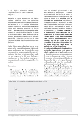 EVOLUCIONANDO HACIA UN MODELO SOCIOSANITARIO DE SALUD	 					 19
2.10. Capital Humano en las
organizaciones sanitarias en
España
Respecto al capital humano en las organi-
zaciones sanitarias, existe una importante
heterogeneidad en la tipología de contratación
del personal en el SNS, aunque predomina el
personal estatutario, (personal con un estatuto
propio pero bastante asimilable al funcio-
nario). Todavía existe personal funcionario y el
personal es contratado laboral en las fórmulas
de gestión alternativa. Esta heterogeneidad se
produce también entre las CCAAs. En cada una
los sueldos y conceptos retributivos, así como
carrera profesional y otros complementos son
distintos.
En los últimos años se ha observado un incre-
mento de los costes laborales en el SNS global-
mente mucho mayor que el resto de los costes
por dos motivos: aumento de plantillas y de retri-
buciones. Esta línea ascendente se ha frenado
con la crisis pero no ha sido hasta el año 2011,
bien inmersos en ella, cuando se empezaron a
tomar medidas de control en las plantillas y los
sueldos.
En resumen:
•	El personal de las instituciones
sanitarias sigue siendo en su mayoría
estatutario. El estatuto del personal
sanitario nunca se ha modificado en la
línea de incentivar positivamente a los
más eficientes y productivos. La cultura
de cuantificación del salario en base a la
categoría no incentiva la productividad, que
queda en manos de la decisión ética y
personal del profesional. Las producti-
vidades variables que a veces se dan en algún
servicio de salud son muy bajas (menos del
5% del salario) y muchas veces su reparto es
lineal por lo que pierde con ello su capacidad
de motivación. El régimen estatutario
y funcionarial sigue centrado en la
estabilidad y blindaje del puesto de
trabajo, tanto en los profesionales de
base como en muchos mandos inter-
medios, que no se eligen según su
capacidad de gestión, sino en función
de otros criterios, tales como la
antigüedad o filiación política.
•	Elrégimenjurídicodelasinstituciones
sanitarias sigue siendo en la mayoría
público administrativo, lo cual merma
la eficiencia en muchos aspectos de gestión
de recursos humanos, provisión y compra
de servicios, así como de posibilidades de
financiación. Esto es así en general excepto
en Cataluña, donde están bien consolidadas
las fórmulas alternativas de gestión .
•	Es precisa la profesionalización de
la gestión sanitaria, lo que implica la
adaptación de los perfiles al requerimiento
del puesto, el nombramiento según criterios
técnicos y no políticos y la evaluación de los
mismos en base a indicadores objetivos.
Ilustración 14: Evolución del gasto sanitario de las CCAAs
Fuente. Victor Díaz Golpe. El gasto sanitario en las comunidades autónomas. La evolución del personal y su coste. Blog golpe de efecto. 29 de marzo de 2012.
http://golpedefecto.blogspot.com.es/2012/03/el-gasto-sanitario-en-las-ccaa-la.html
0
10.000
20.000
30.000
(M €)
Conciertos
Consumo intermedio
Transferencias corrientes
Remuneración del personal
20092008200720062005200420032002
 