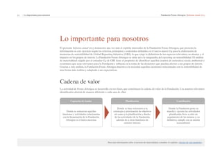 13 | Lo importante para nosotros Fundación Focus-Abengoa | Informe anual 2013 
Lo importante para nosotros 
El presente Informe anual 2013 demuestra una vez más el espíritu innovador de la Fundación Focus-Abengoa, que presenta la 
información en este ejercicio según los criterios, principios y contenidos definidos en el nuevo marco G4 para la elaboración de 
memorias de sostenibilidad de Global Reporting Initiative (GRI), lo que exige la definición de los aspectos relevantes, su alcance y el 
impacto en los grupos de interés. La Fundación Focus-Abengoa se sitúa así a la vanguardia del reporting en sostenibilidad. El análisis 
de materialidad exigido por el estándar G4 de GRI tiene el propósito de identificar aquellos asuntos de naturaleza social, ambiental o 
económica que sean relevantes para la Fundación e influyan en la toma de las decisiones que puedan afectar a sus grupos de interés. 
Gracias a este análisis, la Fundación Focus-Abengoa muestra a la sociedad aquellas cuestiones relacionadas con la sostenibilidad de 
una forma más realista y adaptada a sus expectativas. 
Cadena de valor 
La actividad de Focus-Abengoa se desarrolla en tres fases, que constituyen la cadena de valor de la Fundación. Los asuntos relevantes 
identificados afectan de manera diferente a cada una de ellas: 
Planificación 
Donde se hace referencia a la 
estrategia y priorización de objetivos 
así como a la planificación y diseño 
de las actividades de la Fundación, 
además de a otras funciones de 
carácter interno. 
Captación de fondos 
Donde se enmarcan aquellas 
funciones y actividades relacionadas 
con la financiación de la Fundación. 
Abengoa es el único mecenas. 
Contribución 
Donde la Fundación pone en 
marcha y ejecuta las actividades 
planificadas, lleva a cabo un 
seguimiento de las mismas y, en 
definitiva, cumple con su misión 
sociocultural. 
Para más información sobre el proceso de materialidad, consultar el capítulo «Acerca de esta memoria». 
 