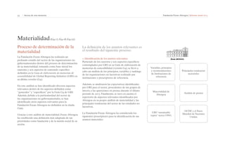 53 | Acerca de esta memoria Fundación Focus-Abengoa | Informe anual 2013 
Materialidad (G4-17, G4-18, G4-22) 
Proceso de determinación de la 
materialidad 
La Fundación Focus-Abengoa ha realizado un 
profundo estudio del sector de las organizaciones no 
gubernamentales dentro del proceso de determinación 
de su materialidad, tomando como base inicial los 
cuarenta y seis aspectos de contenido específico 
definidos en la Guía de elaboración de memorias de 
sostenibilidad de Global Reporting Initiative (GRI) en 
su última versión (G4). 
En este análisis se han identificado diversos aspectos 
relevantes dentro de los aspectos definidos como 
“generales” y “específicos” por la Guía G4 de GRI. 
Además, debido a la particularidad del sector de 
las organizaciones no gubernamentales, se han 
identificado otros aspectos relevantes para la 
Fundación Focus-Abengoa no definidos en la citada 
Guía. 
Gracias a este análisis de materialidad, Focus-Abengoa 
ha establecido una definición más adaptada de sus 
prioridades como fundación y de la misión social de su 
acción. 
La definición de los asuntos relevantes es 
el resultado del siguiente proceso: 
1. Identificación de los asuntos relevantes 
Partiendo de los cuarenta y seis aspectos específicos 
contemplados por GRI en su Guía de elaboración de 
memorias de sostenibilidad (versión G4), se llevó a 
cabo un análisis de los principios, variables y rankings 
de las organizaciones no lucrativas realizado por 
instituciones y prescriptores de referencia. 
Además, se analizaron las expectativas identificadas 
por GRI para el sector, procedentes de sus grupos de 
interés, y las apariciones en prensa durante el último 
periodo de 2013. Finalmente, se tuvo en cuenta el 
repertorio de aspectos relevantes identificados por 
Abengoa en su propio análisis de materialidad y las 
principales tendencias del sector de las entidades no 
lucrativas. 
La Fundación Focus-Abengoa ha considerado los 
siguientes prescriptores para la identificación de sus 
asuntos materiales: 
Variables, principios 
y recomendaciones 
de Instituciones de 
referencia 
Materialidad de 
Abengoa 
GRI “sustainable 
topics” sector ONG. 
Principales tendencias 
sectoriales 
Análisis de prensa 
OCDE y el Pacto 
Mundial de Naciones 
Unidas. 
 