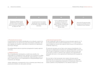 54 | Acerca de esta memoria Fundación Focus-Abengoa | Informe anual 2013 
II 
La priorización de los asuntos 
identificados tiene el propósito 
de determinar cuáles son los más 
1 
2. Priorización de los asuntos 
La priorización de los asuntos identificados se ha realizado a partir de la 
consideración de esos aspectos por parte de las fuentes analizadas y del 
peso asignado previamente a cada fuente en función de su importancia 
para Focus-Abengoa. 
El resultado final ha sido un repertorio jerarquizado de quince aspectos 
relevantes. 
3. Validación interna 
Tras la identificación y priorización, se realizó una consulta a los 
responsables de la Fundación Focus-Abengoa con el propósito de validar 
y valorar los asuntos relevantes identificados. Adicionalmente, se llevó a 
cabo el mismo proceso con el departamento de Responsabilidad Social 
Corporativa de Abengoa. 
Ambas validaciones se incorporaron a las ya existentes para obtener una 
ponderación definitiva de cada asunto relevante. 
III 
4. Selección del repertorio final 
Se han considerado todos los aspectos con una relevancia superior al 3 % 
en su ponderación sobre un total acumulado del 100 %, lo que ha dado 
como resultado un total de doce aspectos sobre los que se ha reportado en 
el Informe Anual 2013. 
El repertorio incorpora, por un lado, ciertos aspectos identificados en la 
Guía para la elaboración de memorias de sostenibilidad GRI (versión G4) 
sobre los que la Fundación ya reportó en ediciones anteriores, pero que 
en esta nueva versión se centran en dar respuesta a los requerimientos 
principales del sector y a las expectativas de información de los grupos de 
interés. 
Por otro lado, se han incorporado otros asuntos relevantes para la 
Fundación que no forman parte de los contemplados por la Guía GRI 
(G4), como son la transparencia informativa y la innovación. Sobre estos 
asuntos también se ha profundizado en este Informe Anual 2013. 
relevantes. 
El proceso comienza con la 
identificación de los asuntos 
relevantes, donde la Fundación 
tiene en cuenta la repercusión en 
su cadena de valor. 
Con la validación del orden 
de asuntos relevantes por 
la Fundación y Abengoa, se 
define el listado de contenidos 
específicos a incluir en el 
informe anual. 
IV 
Selección del repertorio final 
de aspectos relevantes para la 
Fundación Focus-Abengoa. 
 