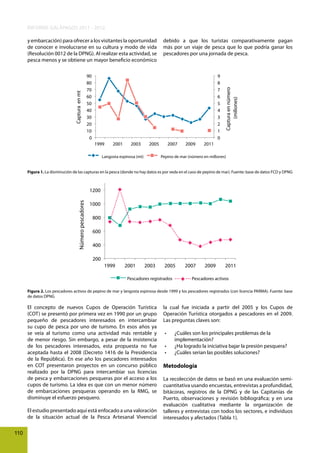 INFORME GALÁPAGOS 2011 - 2012
debido a que los turistas comparativamente pagan
más por un viaje de pesca que lo que podría ganar los
pescadores por una jornada de pesca.

90
80
70
60
50
40
30
20
10
0

9
8
7
6
5
4
3
2
1
0
1999

2001

2003

2005

Langosta espinosa (mt)

2007

2009

Captura en número
(miliones)

Captura en mt

y embarcación) para ofrecer a los visitantes la oportunidad
de conocer e involucrarse en su cultura y modo de vida
(Resolución 0012 de la DPNG). Al realizar esta actividad, se
pesca menos y se obtiene un mayor beneficio económico

2011

Pepino de mar (número en millones)

Figura 1. La disminución de las capturas en la pesca (donde no hay datos es por veda en el caso de pepino de mar). Fuente: base de datos FCD y DPNG

Número pescadores

1200
1000
800
600
400
200
1999

2001

2003

2005

Pescadores registrados

2007

2009

2011

Pescadores activos

Figura 2. Los pescadores activos de pepino de mar y langosta espinosa desde 1999 y los pescadores registrados (con licencia PARMA). Fuente: base
de datos DPNG

El concepto de nuevos Cupos de Operación Turística
(COT) se presentó por primera vez en 1990 por un grupo
pequeño de pescadores interesados en intercambiar
su cupo de pesca por uno de turismo. En esos años ya
se veía al turismo como una actividad más rentable y
de menor riesgo. Sin embargo, a pesar de la insistencia
de los pescadores interesados, esta propuesta no fue
aceptada hasta el 2008 (Decreto 1416 de la Presidencia
de la República). En ese año los pescadores interesados
en COT presentaron proyectos en un concurso público
realizado por la DPNG para intercambiar sus licencias
de pesca y embarcaciones pesqueras por el acceso a los
cupos de turismo. La idea es que con un menor número
de embarcaciones pesqueras operando en la RMG, se
disminuye el esfuerzo pesquero.
El estudio presentado aquí está enfocado a una valoración
de la situación actual de la Pesca Artesanal Vivencial
110

la cual fue iniciada a partir del 2005 y los Cupos de
Operación Turística otorgados a pescadores en el 2009.
Las preguntas claves son:
•	
•	
•	

¿Cuáles son los principales problemas de la
implementación?
¿Ha logrado la iniciativa bajar la presión pesquera?
¿Cuáles serian las posibles soluciones?

Metodología
La recolección de datos se basó en una evaluación semicuantitativa usando encuestas, entrevistas a profundidad,
bitácoras, registros de la DPNG y de las Capitanías de
Puerto, observaciones y revisión bibliográfica; y en una
evaluación cualitativa mediante la organización de
talleres y entrevistas con todos los sectores, e individuos
interesados y afectados (Tabla 1).

 