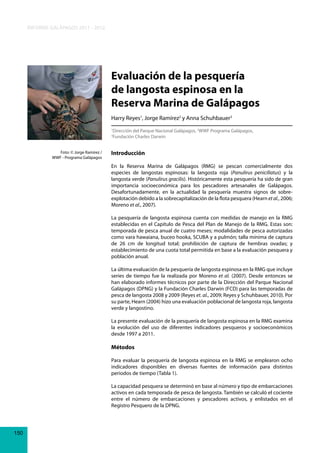 INFORME GALÁPAGOS 2011 - 2012

Evaluación de la pesquería
de langosta espinosa en la
Reserva Marina de Galápagos
Harry Reyes1, Jorge Ramírez2 y Anna Schuhbauer3
Dirección del Parque Nacional Galápagos, 2WWF Programa Galápagos,
Fundación Charles Darwin

1
3

Foto: © Jorge Ramírez /
WWF - Programa Galápagos

Introducción
En la Reserva Marina de Galápagos (RMG) se pescan comercialmente dos
especies de langostas espinosas: la langosta roja (Panulirus penicillatus) y la
langosta verde (Panulirus gracilis). Históricamente esta pesquería ha sido de gran
importancia socioeconómica para los pescadores artesanales de Galápagos.
Desafortunadamente, en la actualidad la pesquería muestra signos de sobreexplotación debido a la sobrecapitalización de la flota pesquera (Hearn et al., 2006;
Moreno et al., 2007).
La pesquería de langosta espinosa cuenta con medidas de manejo en la RMG
establecidas en el Capítulo de Pesca del Plan de Manejo de la RMG. Estas son:
temporada de pesca anual de cuatro meses; modalidades de pesca autorizadas
como vara hawaiana, buceo hooka, SCUBA y a pulmón; talla mínima de captura
de 26 cm de longitud total; prohibición de captura de hembras ovadas; y
establecimiento de una cuota total permitida en base a la evaluación pesquera y
población anual.
La última evaluación de la pesquería de langosta espinosa en la RMG que incluye
series de tiempo fue la realizada por Moreno et al. (2007). Desde entonces se
han elaborado informes técnicos por parte de la Dirección del Parque Nacional
Galápagos (DPNG) y la Fundación Charles Darwin (FCD) para las temporadas de
pesca de langosta 2008 y 2009 (Reyes et. al., 2009; Reyes y Schuhbauer, 2010). Por
su parte, Hearn (2004) hizo una evaluación poblacional de langosta roja, langosta
verde y langostino.
La presente evaluación de la pesquería de langosta espinosa en la RMG examina
la evolución del uso de diferentes indicadores pesqueros y socioeconómicos
desde 1997 a 2011.

Métodos
Para evaluar la pesquería de langosta espinosa en la RMG se emplearon ocho
indicadores disponibles en diversas fuentes de información para distintos
periodos de tiempo (Tabla 1).
La capacidad pesquera se determinó en base al número y tipo de embarcaciones
activos en cada temporada de pesca de langosta. También se calculó el cociente
entre el número de embarcaciones y pescadores activos, y enlistados en el
Registro Pesquero de la DPNG.

150

 