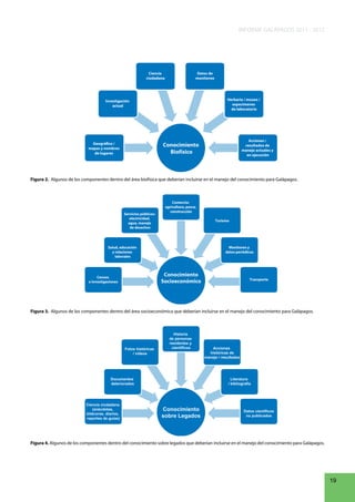 INFORME GALÁPAGOS 2011 - 2012

Ciencia
ciudadana

Datos de
monitoreo

Herbario / museo /
especímenes
de laboratorio

Investigación
actual

Geográfico /
mapas y nombres
de lugares

Acciones /
resultados de
manejo actuales y
en ejecución

Conocimiento
Biofísico

Figura 2. Algunos de los componentes dentro del área biofísica que deberían incluirse en el manejo del conocimiento para Galápagos.

Servicios públicos:
electricidad,
agua, manejo
de desechos

Comercio:
agricultura, pesca,
construcción
Turismo

Salud, educación
y relaciones
laborales

Monitoreo y
datos periódicos

Conocimiento
Socioeconómico

Censos
e investigaciones

Transporte

Figura 3. Algunos de los componentes dentro del área socioeconómica que deberían incluirse en el manejo del conocimiento para Galápagos.

Fotos históricas
/ videos

Historia
de personas
residentes y
científicos

Documentos
deteriorados

Ciencia ciudadana
(anécdotas,
bitácoras, diarios,
reportes de guías)

Acciones
históricas de
manejo / resultados

Literatura
/ bibliografía

Conocimiento
sobre Legados

Datos científicos
no publicados

Figura 4. Algunos de los componentes dentro del conocimiento sobre legados que deberían incluirse en el manejo del conocimiento para Galápagos.

19

 