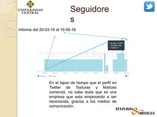 Seguidore
s
En el lapso de tiempo que el perfil en
Twitter de Texturas y Matices
comenzó, no cabe duda que es una
empresa que esta empezando a ser
reconocida, gracias a los medios de
comunicación.
Informe del 20-03-16 al 15-05-16
 