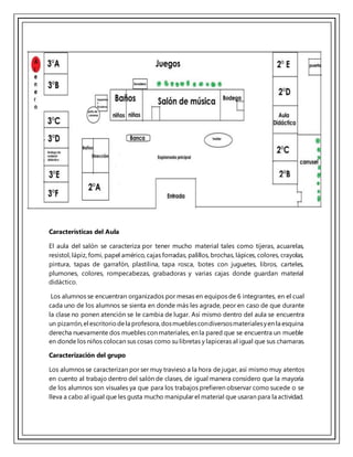 Características del Aula
El aula del salón se caracteriza por tener mucho material tales como tijeras, acuarelas,
resistol, lápiz, fomi, papel américo, cajas forradas, palillos, brochas, lápices, colores, crayolas,
pintura, tapas de garrafón, plastilina, tapa rosca, botes con juguetes, libros, carteles,
plumones, colores, rompecabezas, grabadoras y varias cajas donde guardan material
didáctico.
Los alumnos se encuentran organizados por mesas en equipos de 6 integrantes, en el cual
cada uno de los alumnos se sienta en donde más les agrade, peor en caso de que durante
la clase no ponen atención se le cambia de lugar. Así mismo dentro del aula se encuentra
un pizarrón,el escritoriodela profesora,dosmueblescondiversosmaterialesyen la esquina
derecha nuevamente dos muebles con materiales, en la pared que se encuentra un mueble
en donde los niños colocan sus cosas como su libretas y lapiceras al igual que sus chamaras.
Caracterización del grupo
Los alumnos se caracterizan por ser muy travieso a la hora de jugar, así mismo muy atentos
en cuento al trabajo dentro del salón de clases, de igual manera considero que la mayoría
de los alumnos son visuales ya que para los trabajos prefieren observar como sucede o se
lleva a cabo al igual que les gusta mucho manipular el material que usaran para la actividad.
 