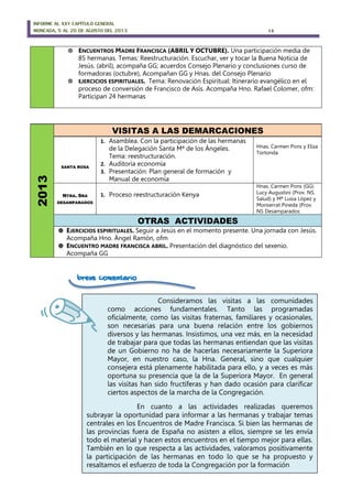 INFORME AL XXV CAPÍTULO GENERAL
MONCADA, 5 AL 20 DE AGOSTO DEL 2013 13
 ENCUENTROS MADRE FRANCISCA (ABRIL Y OCTUBRE). Una participación media de
85 hermanas. Temas: Reestructuración. Escuchar, ver y tocar la Buena Noticia de
Jesús. (abril), acompaña GG; acuerdos Consejo Plenario y conclusiones curso de
formadoras (octubre), Acompañan GG y Hnas. del Consejo Plenario
 EJERCICIOS ESPIRITUALES. Tema: Renovación Espiritual: Itinerario evangélico en el
proceso de conversión de Francisco de Asís. Acompaña Hno. Rafael Colomer, ofm:
Participan 24 hermanas
2013
VISITAS A LAS DEMARCACIONES
SANTA ROSA
1. Asamblea. Con la participación de las hermanas
de la Delegación Santa Mª de los Ángeles.
Tema: reestructuración.
2. Auditoría economía
3. Presentación: Plan general de formación y
Manual de economía
Hnas. Carmen Pons y Elisa
Tortonda
NTRA. SRA
DESAMPARADOS
1. Proceso reestructuración Kenya
Hnas. Carmen Pons (GG)
Lucy Augustini (Prov. NS.
Salud) y Mª Luisa López y
Monserrat Pineda (Prov.
NS Desamparados
OTRAS ACTIVIDADES
 EJERCICIOS ESPIRITUALES. Seguir a Jesús en el momento presente. Una jornada con Jesús.
Acompaña Hno. Ángel Ramón, ofm
 ENCUENTRO MADRE FRANCISCA ABRIL. Presentación del diagnóstico del sexenio.
Acompaña GG
breve comentario
Consideramos las visitas a las comunidades
como acciones fundamentales. Tanto las programadas
oficialmente, como las visitas fraternas, familiares y ocasionales,
son necesarias para una buena relación entre los gobiernos
diversos y las hermanas. Insistimos, una vez más, en la necesidad
de trabajar para que todas las hermanas entiendan que las visitas
de un Gobierno no ha de hacerlas necesariamente la Superiora
Mayor, en nuestro caso, la Hna. General, sino que cualquier
consejera está plenamente habilitada para ello, y a veces es más
oportuna su presencia que la de la Superiora Mayor. En general
las visitas han sido fructíferas y han dado ocasión para clarificar
ciertos aspectos de la marcha de la Congregación.
En cuanto a las actividades realizadas queremos
subrayar la oportunidad para informar a las hermanas y trabajar temas
centrales en los Encuentros de Madre Francisca. Si bien las hermanas de
las provincias fuera de España no asisten a ellos, siempre se les envía
todo el material y hacen estos encuentros en el tiempo mejor para ellas.
También en lo que respecta a las actividades, valoramos positivamente
la participación de las hermanas en todo lo que se ha propuesto y
resaltamos el esfuerzo de toda la Congregación por la formación
 