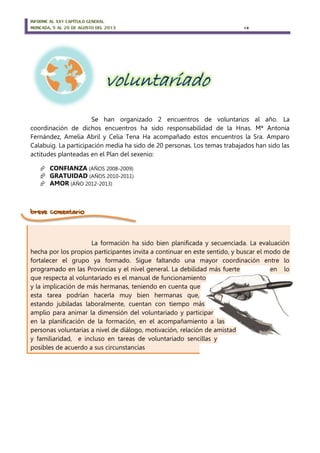 INFORME AL XXV CAPÍTULO GENERAL
MONCADA, 5 AL 20 DE AGOSTO DEL 2013 14
Se han organizado 2 encuentros de voluntarios al año. La
coordinación de dichos encuentros ha sido responsabilidad de la Hnas. Mª Antonia
Fernández, Amelia Abril y Celia Tena Ha acompañado estos encuentros la Sra. Amparo
Calabuig. La participación media ha sido de 20 personas. Los temas trabajados han sido las
actitudes planteadas en el Plan del sexenio:
 CONFIANZA (AÑOS 2008-2009)
 GRATUIDAD (AÑOS 2010-2011)
 AMOR (AÑO 2012-2013)
breve comentario
La formación ha sido bien planificada y secuenciada. La evaluación
hecha por los propios participantes invita a continuar en este sentido, y buscar el modo de
fortalecer el grupo ya formado. Sigue faltando una mayor coordinación entre lo
programado en las Provincias y el nivel general. La debilidad más fuerte en lo
que respecta al voluntariado es el manual de funcionamiento
y la implicación de más hermanas, teniendo en cuenta que
esta tarea podrían hacerla muy bien hermanas que,
estando jubiladas laboralmente, cuentan con tiempo más
amplio para animar la dimensión del voluntariado y participar
en la planificación de la formación, en el acompañamiento a las
personas voluntarias a nivel de diálogo, motivación, relación de amistad
y familiaridad, e incluso en tareas de voluntariado sencillas y
posibles de acuerdo a sus circunstancias
 