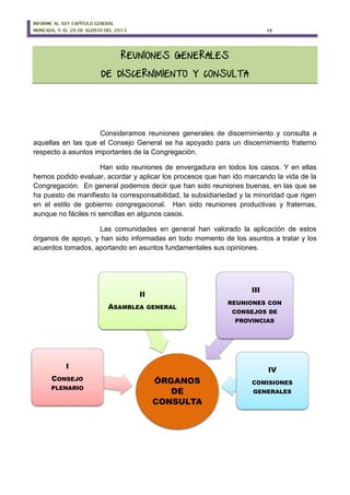 INFORME AL XXV CAPÍTULO GENERAL
MONCADA, 5 AL 20 DE AGOSTO DEL 2013 15
Consideramos reuniones generales de discernimiento y consulta a
aquellas en las que el Consejo General se ha apoyado para un discernimiento fraterno
respecto a asuntos importantes de la Congregación.
Han sido reuniones de envergadura en todos los casos. Y en ellas
hemos podido evaluar, acordar y aplicar los procesos que han ido marcando la vida de la
Congregación. En general podemos decir que han sido reuniones buenas, en las que se
ha puesto de manifiesto la corresponsabilidad, la subsidiariedad y la minoridad que rigen
en el estilo de gobierno congregacional. Han sido reuniones productivas y fraternas,
aunque no fáciles ni sencillas en algunos casos.
Las comunidades en general han valorado la aplicación de estos
órganos de apoyo, y han sido informadas en todo momento de los asuntos a tratar y los
acuerdos tomados, aportando en asuntos fundamentales sus opiniones.
ÓRGANOS
DE
CONSULTA
I
CONSEJO
PLENARIO
II
ASAMBLEA GENERAL
III
REUNIONES CON
CONSEJOS DE
PROVINCIAS
IV
COMISIONES
GENERALES
 