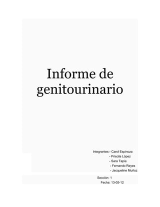 Informe de
genitourinario



         Integrantes:- Carol Espinoza
                    - Priscila López
                    - Sara Tapia
                     - Fernando Reyes
                     - Jacqueline Muñoz

            Sección: 1
              Fecha: 13-05-12
 