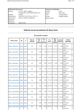 Información del proyecto
Nombre: E:334 - 140327 - Ilabaya -
CamilacaProy_TBCRed Geodesica.vce
Tamaño: 665 KB
Modificado/a: 06/04/2014 10:38:33 p.m. (UTC:-5)
Zona horaria: Hora est. Pacífico, Sudamérica
Número de
referencia:
Descripción: RMAGUINA
Sistema de coordenadas
Nombre: UTM
Datum: WGS 1984
Zona: 19 South (69W)
Geoide: EGM96 (Global)
Datum vertical:
Informe de procesamiento de líneas base
Procesando resumen
Observación De A
Tipo de
solución
Prec.
H.
(Metro)
Prec.
V.
(Metro)
Aci.
geod.
Dist.
elip
(Metro)
Altura
(Metro)
Satélite
disponible
GPS-1 --- GPS-2 (B1) GPS-1 GPS-2 Fijo 0.001 0.002 18°17'43" 183.152 0.661
GPS: 12
GLONASS: 6
Galileo: 0
GPS-3 --- GPS-2 (B2) GPS-3 GPS-2 Fijo 0.006 0.022 225°52'11" 4001.393 -186.123
GPS: 10
GLONASS: 4
Galileo: 0
GPS-1 --- GPS-3 (B3) GPS-1 GPS-3 Fijo 0.006 0.021 44°42'40" 4164.592 186.779
GPS: 11
GLONASS: 6
Galileo: 0
GPS-3 --- GPS-4 (B4) GPS-3 GPS-4 Fijo 0.002 0.002 98°53'45" 278.205 32.442
GPS: 11
GLONASS: 7
Galileo: 0
GPS-1 --- GPS-4 (B6) GPS-1 GPS-4 Fijo 0.007 0.023 47°41'44" 4333.240 219.213
GPS: 12
GLONASS: 5
Galileo: 0
GPS-4 --- GPS-5 (B7) GPS-4 GPS-5 Fijo 0.006 0.021 21°48'59" 2748.249 192.093
GPS: 10
GLONASS: 6
Galileo: 0
GPS-1 --- GPS-5 (B10) GPS-1 GPS-5 Fijo 0.008 0.027 37°42'12" 6910.908 411.319
GPS: 8
GLONASS: 6
Galileo: 0
GPS-6 --- GPS-5 (B11) GPS-6 GPS-5 Fijo 0.002 0.003 218°40'39" 201.994 -3.240
GPS: 10
GLONASS: 6
Galileo: 0
GPS-1 --- GPS-6 (B15) GPS-1 GPS-6 Fijo 0.007 0.022 37°43'52" 7112.873 414.569
GPS: 10
GLONASS: 5
Galileo: 0
GPS-6 --- GPS-7 (B16) GPS-6 GPS-7 Fijo 0.007 0.010 40°41'33" 3167.229 299.553
GPS: 5
GLONASS: 6
Galileo: 0
GPS-1 --- GPS-7 (B17) GPS-1 GPS-7 Fijo 0.009 0.049 38°38'50" 10277.160 714.178
GPS: 6
GLONASS: 5
Galileo: 0
GPS-8 --- GPS-7 (B18) GPS-8 GPS-7 Fijo 0.003 0.005 240°16'14" 371.201 -8.162 GPS: 8
GLONASS: 6
Page 1 of 3Informe de procesamiento de líneas base
 