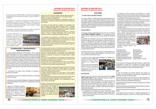 INFORME DE GESTIÓN 2013
Secretaría de Bienestar Social

INFORME DE GESTIÓN 2013
Secretaría de Bienestar Social

DEPORTES
Por medio del proyecto HIDROITUANGO con odesarrollo bien trabajando el
fortalecimiento de las asociaciones de mujeres en especial ASOMUPE y
COOMAPRO.
En compañía de la secretaria de Participación Ciudadana, EPM y la
Administración municipal se está desarrollando el convenio para el
desarrollo de presupuesto participativo y en convenio con la gobernación
de Antioquia, la universidad de Medellín se está creando el sistema
municipal de participación ciudadana.
Se inscribieron 12 iniciativas comunitarias de las cuales el municipio de
peque no clasifico ninguna en el primer proceso de selección.
Se dictaron capacitaciones a los
integrantes del concejo de
participación ciudadana y control
social del municipio de Peque en
los siguientes temas: ética de lo
público, hacienda pública,
resolución de conflictos, control
social , participación ciudadana,
rendición publica de cuentas.

Se realizaron 46 eventos deportivos, recreativos con modalidades como
futbol, microfútbol, baloncesto, voleibol, actividades lúdicas y recreativas,
billar, etc. En diferentes modalidades en la zona urbana y rural. El municipio
recibió a los diferentes municipios de occidente en los juegos campesinos
2013 realizados en convenio con INDEPORTES Antioquia.
Durante el año 2013 el municipio de Peque estuvo presente en los diferentes
eventos y torneos de carácter intermunicipal como lo fueron juegos
campesinos, escolares, intercolegiados, ponyfutbol y regionales.
En la búsqueda de la promoción de la actividad fisca se logro firmar
compromiso con INDEPORTES Antioquia para la entrega de un kit para el
gimnasio, se realizaron actividades como el día del movimiento, la ola del
movimiento estudiantil y la caminata de la mujer sin miedo.
Se entrego dotación y se logro convenio para el pago de las monitorias de las
ludotecas, hoy funcionan dos ludotecas una en la zona urbana y la otra en el
corregimiento de los llanos.

PLANEACIÓN Y PRESUPUESTO
PARTICIPATIVO
El convenio Interadministrativo No CT-2013-001399 entre Empresas
Públicas de Medellín E.S.P (E.P y el Municipio de peque cuyo objeto es
.M)
Realizar conjuntamente los proyectos definidos en el Plan de Inversión
Social Adicional y las obras relacionadas con el Plan de Manejo Ambiental
del Proyecto Hidroeléctrico Ituango, en el Municipio de peque, a raíz de este
convenio en el Municipio se adelanta el Acta de trabajo Numero 1 cuyo
objeto es: Planeación y Presupuesto participativo con la Comunidad en el
marco del plan de la inversión social adicional del Proyecto Hidroeléctrica
Ituango y la gestión de los procesos de contratación y la administración de
los contratos para la ejecución de las obras y/o servicios priorizados por la
comunidad.
1: Conformación del Comité Técnico Municipal de Planeación y
presupuesto Participativo
2: Contratación de 2 personas encargadas del proyecto en el Municipio.
(Profesional y Auxiliar)
3: Conformación de la Asamblea de Delegados y Delegadas de Planeación
y Presupuesto participativo representado en 18 organizaciones existentes
en el Municipio.
4: Capacitar a los Delegados, Delegadas
y integrantes del comité municipal de
presupuesto participativo en temas como
Hacienda pública, Ética de lo Público y
Manejo de Conflictos. Proceso
Metodológico, Instrumentos y la
Aplicación en Planeación y Presupuesto
participativo.

6

Durante el año 2013 la oficina de deportes desarrollo diferente proyectos y
programas con el fin de brindar y promover a la comunidad la practica
deportiva, recreativa y de actividad física:
Se desarrollo el Convenio Interinstitucional en INDEPORTES Antioquia y el
municipio para la continuidad e implementación de las monitorias deportivas
en el municipio.

Se realizaron eventos recreativos en conjunto con las ludotecas como día del
niño, día del adulto mayor, semana de la juventud, día de la cometa y juegos
lúdicos y tradicionales en las fiestas del frijol y su cosecha.
Uno de los proyectos que busca el fortalecimiento de de organizaciones
deportivas no fue desarrollado en un sien porciento ya que ha sido débil y
proceso de capacitación y formación de los diferentes líderes y comités
deportivos.
Para el año 2013 la participación a nivel competitiva fue máxima pero con
pocos logros y resultados a favor del municipio la mayoría de equipos fueron
eliminados en las primeras fases de competencia.
A pesar de que se han hecho esfuerzos para capacitar a los monitores y
funcionarios del área de deportes ha sido poca y sigue faltando un mayor
conocimiento en muchas aéreas y disciplinas deportivas.
El centro de iniciación y formación deportiva para el 2013 fue un proyecto que
conto con la entrega de dotación en material deportivo, un uniforme
representativo para los niños, la atención por medio de monitores. Este
proyecto cubrió 600 niños durante este año.
Se dotaron escenarios deportivos de la zona urbana y rural con algunos
implementos como arcos, tableros, maya para volibol, etc. Como lomitas, el
agrio, la guadua, etc.
Se presento el proyecto para la ejecución de recurso de ley del tabaco para el
pago de monitores y entrega de dotacional comités deportivos rurales.
Se desarrollaron encuentros deportivos en las comunidades de Lomitas,
Toldas, Jerigua y Vega del Inglés.
Se inicio el proceso de compra de un bus para el municipio de peque con la
finalidad de que sea utilizado por las diferentes delegaciones del municipio de
peque teniendo como prioridad las
deportivas y culturales. En octubre se
realizaron las olimpiadas campesinas
como es tradición de todos los años
participaron 600 deportistas a los
cuales se les entrego uniformes
completos a los rurales y a los urbanos
camiseta.

CONSTRUYENDO EL CAMPO GANAMOS TODOS

CULTURA
“La cultura realza e patrimonio Pequense”
La casa de la cultura es una institución de gran reconocimiento artístico en
el municipio de peque, la cual coordina programas de música, danza,
teatro, pintura, ludoteca, biblioteca y libro, oficina de la juventud y consejo
municipal de cultura, con un personal encargado del funcionamiento y de la
formación en cada una de las áreas artísticas por lo que ha llevado a que se
logren convenios con el instituto de cultura para los monitores de teatro y
cuerdas y músicas tradicionales.
Escuela de Música
Es creada por acuerdo municipal 09 de marzo de 2011 con el nombre de
“LUIS ANTONIO BARBARAN LONDOÑO” con el propósito de formar
artística, cultural, y musical a los niños, jóvenes y adultos del municipio de
peque.
En el proceso de la formación musical de los Pequenses alrededor de
$40'000.000 millones de pesos representados en el pago del director de la
escuela, la cofinanciación del monitor de cuerdas, la compara de
instrumentos musicales y materiales de consumo para el funcionamiento
de los mismos y el mantenimiento anual de las mismos ATENDIENDO DE
MANERA DIRECTA A 68 alumnos inscritos en los grupos de banda
sinfónica, grupo de cuerdas tradicionales, chirimía, grupos de proyección y
ensamble y banda de marcha.
Se ha logrado representar al municipio de peque en el festival Antioquia vive
2013 “corredores de talento” evento evaluativo y de formación de los
proceso del plan departamental de música.
La escuela de música recibe asesoría pedagógica y de gestión por el
ministerio de cultura y el PNMC (plan
nacional de música para la
convivencia) en la vigencia 20102014.
Se logró la elección del Jaime Retrepo
Zea actual director de la escuela de
música como consejero
departamental de música por la
subregión de occidente
Danza Municipal
Durante el año 2013 la casa de la cultura desarrollo el proyecto PEQUE
DANZA, PARA LA VIDA enfocado a la formación dancística, dirigido a la
comunidad rural y urbana de nuestro municipio
Durante este año se logró el fortalecimiento de los grupos de danza que
desde el año 2012 vienen desarrollando sus procesos artísticos. Se
categorizó los grupos en infantil, juvenil, base (5-8 años), pre-base (8-11
años), juvenil (12-16 años) e institucional; llegando a las veredas el
páramo, san pablo, montarrón, la guadua, lomitas, guayabal de pena y el
corregimiento de los llanos.
Dentro de los logros que se obtuvieron en los procesos se destacan:
* La celebración del día municipal de la danza “Peque danza, porque
bailando se construye la cultura” el pasado 27 de abril donde se realizó
un día de formación e integración con aproximadamente 130 bailarines y
una gran muestra cultural.

* La realización del primer encuentro zonal dancístico en la vereda
Montarrón donde se realizó una jornada cultural de integración enfocada
al liderazgo, juventud, la importancia de la cultura y empoderamiento de
la comunidad en el fortalecimiento de los procesos.
* La participación en el encuentro de formación Antioquia vive la danza en
el municipio de Dabeiba donde se representó al municipio con danzas
tradicionales como el gallinazo, tresillo y vueltas antioqueñas.
* Se realizaron 3 capacitaciones en el año enfocadas a la formación de
liderazgo y empoderamiento en el área de danza dirigido a 15 líderes de la
zona urbana y rural.
* Se brindó acompañamiento la zona tres del municipio en las veredas de
agrio, loma del sauce, renegado valle y nueva llanada; veredas donde los
niños y jóvenes tiene emprendimiento frente al área y además hay
algunos grupos conformados como el de frutos de mi tierra
perteneciente a la vereda loma del sauce.
* Se logró participar en la estrategia de
movilización Antioquia diversas voces,
logrando una excelente participación por
parte de todos los actores culturales
obteniendo un gran resultado.
* Se brindó apoyo a diferente eventos y
actividades realizadas durante el año
tales como:
- Día del adulto mayor
- Semana de la juventud
-Inauguración en el aura, toldas,
san pablo, La guadua, llanon,
la antigua, vega del inglés.
-Inauguración Juegos Campesinos
-Evento de más familias en acción.
-Día del Agua

-Bazar de la salud.
-Feria Agroalimentaria
-Bazar de la alegría
-Día del agua
-Apoyo a la parroquia
-Día del Halloween
-Fiestas Del frijol y su cosecha.

Se ha invertido en los programas dancísticos alrededor de $39'100.000
representados en el pago de los 2 monitores de los grupos, dotación
entregada a los grupos de danza, capacitación para monitores y alumnos
de los grupos dancísticos y viajes de representación artística.
Teatro
El teatro otra alternativa que pretende dinamizar otros espacios de
formación y sano esparcimiento en el municipio para la integración de la
comunidad y la construcción del tejido social
Actualmente el programa de teatro se tiene en la cabecera municipal y se
lleva a la vereda de san pablo y al corregimiento de los llanos con un
estimado de 95 actores participando de este programa
Se ha logrado el fortalecimiento de los grupos ya existentes como: FUSION
TALENTO Y TAPOEX.
Se logró la representación del municipio en el festival Antioquia vive el teatro
dejando muy en alto el nombre del municipio.
Se logró la caracterización de los grupos por categorías infantil, juvenil y de
adultos.
Se ha logrado invertir un estimado de 11'000.000 contemplados en la
cofinanciación del profesor de teatro con el ICPA (instituto de cultura y

CONSTRUYENDO EL CAMPO GANAMOS TODOS

7

 