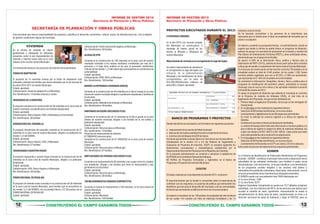 INFORME DE GESTIÓN 2013
Secretaría de Planeación y Obras Públicas

SECRETARÍA DE PLANEACIÓN Y OBRAS PÚBLICAS
Esta secretaria que tiene la responsabilidad de proyectar y planificar el desarrollo, económico, cultural, social, de infraestructura etc. Con el objetivo
de generar condiciones dignas del municipio.

VIVIENDA
En la oficina de vivienda se vienen
gestionando y trabajando en diferentes
proyectos como lo son mejoramientos de
vivienda y vivienda nueva tanto en la zona
urbana como rural de nuestro Municipio.
A Continuación relaciono los proyectos de vivienda nueva aprobados:
FONDO DE ADAPTACION
El proyecto de 14 viviendas nuevas por el fondo de adaptación está
orientado a atender las familias que fueron afectadas por la ola invernal de
los años 2010-2011 en nuestro Municipio.
Estado: aprobado
Cofinanciación: Fondo de adaptación y el Municipio
Nro. Beneficiarios: 14 familias urbanas y rurales.
MIRADORES DE LA MONTAÑA
El proyecto consiste en la construcción de 36 viviendas en la zona rural de
nuestro municipio, los beneficiarios son familias desplazadas.
Estado: aprobado
Cofinanciación: Banco Agrario, VIVA, el Municipio y la Comunidad
Nro. beneficiarios: 36 familias
ATARDECERES DEL PARAMILLO
El proyecto Atardeceres del paramillo consiste en la construcción de 27
viviendas en la zona rural de nuestro Municipio, dirigida a la población los
niveles 1 y 2 del SISBEN.
Estado: aprobado
Cofinanciación: Banco Agrario, VIVA, el Municipio
Nro. Beneficiarios: 27 familias
REGRESANDO A NUESTRO HOGAR
El proyecto regresando a nuestro hogar consiste en la construcción de 46
viviendas en la zona rural de nuestro Municipio, dirigido a la población
desplazada.
Estado: aprobado
Cofinanciación: VIVA, Banco Agrario y el Municipio
Nro. Beneficiarios: 46 familias
FONDO NACIONAL DE REGALIAS
El proyecto de vivienda nueva consiste en la construcción de 50 viviendas
en la zona rural de nuestro Municipio, para familias que se encuentran en
los niveles 1y 2 del SISBEN, con un puntaje inferior a 37.80 puntos con el
FONDO NACIONAL DE REGALIAS
Estado: aprobado

12

Cofinanciación: fondo nacional de regalías y el Municipio
Nro. Beneficiarios: 50 familias.
ALDEAS DE EPM
Consiste en la construcción de 100 viviendas en la zona rural de nuestro
municipio orientado a los núcleos familiares constituidos por más de 5
personas o (4 bajo otros análisis en los que se presenten condiciones
críticas) de los niveles 1 y 2 del sisben que se encuentran en condiciones de
vulnerabilidad.
Estado: aprobado
Cofinanciación: EPM, VIVA y el Municipio
Nro. Beneficiarios: 100 familias
BARRIÓ LA ESPERANZA (VIVIENDAS GRATIS)
Consiste en la construcción de 40 viviendas en el lote el mango en la zona
urbana de nuestro municipio dirigido a la población desplazada y familias de
la red unido.
Estado: aprobado
Cofinanciación: Ministerio de vivienda y el Municipio
Nro. Beneficiarios: 40 familias.
HABITANDO UN SUEÑO (RECURSOS PLUS)
Consiste en la construcción de 15 viviendas en el lote la granja en la zona
urbana de nuestro municipio dirigido a las familias de la red unidos y
población desplazada
Estado: aprobado
Cofinanciación: Recursos plus y el Municipio
Nro. beneficiarios: 15 familias
Proyectos de mejoramiento de vivienda:
97 UNISAFAS (recursos plus)
Consiste en la construcción de 97 UNISAFAS en la zona rural de nuestro
Municipio.
Estado: aprobado
Cofinanciación: Recursos plus y el Municipio
Nro. Beneficiarios: 97 familias
AMPLIACIONES DE VIVIENDA (RECURSOS PLUS)
Consiste en el mejoramiento de 36 viviendas a las cuales se les va a realizar
una ampliación, dirigido a las familias que viven en hacinamiento y que
pertenecen a la red unidos.
Estado: aprobado
Cofinanciación: Recursos plus y el Municipio
Nro. Beneficiarios: 36 familias
100 MEJORAMIENTOS URBANOS (EMPRESTITO)
Consiste en realizar el mejoramiento a 100 viviendas en la zona urbana de
nuestro Municipio.
Estado: aprobado
Cofinanciación: Municipio
Nro. Beneficiarios: 100 familias

CONSTRUYENDO EL CAMPO GANAMOS TODOS

INFORME DE GESTIÓN 2013
Secretaría de Planeación y Obras Públicas

PROYECTOS EJECUTADOS DURANTE EL 2013: restantes carecen de ella.
5 VIVIENDAS URBANAS

Se ha buscado concientizar a las personas de la importancia que
representa para la familia tener el título de propiedad del inmueble que se
posee o se adquiere.

En el año 2013 con recursos propios
del Municipio se construyeron 5
viviendas de interés social en los
barrios la Miranda y Villanueva de
nuestro Municipio.

Se elaboró y sustentó una propuesta técnica a la administración, donde se
sugería que desde la oficina se podría liderar un programa de titulación,
además de apoyar a la secretaria de planeación en el estudio y revisión del
Plan Básico de Ordenamiento Territorial (PBOT) y otras actividades afines,
obviamente que con el apoyo de la Alcaldía.
Se aportó el 80% de la información física, jurídica y técnica para la
Mejoramiento de vivienda en el corregimiento la vega del Ingles
elaboración del PBOT (2013), además de hacer parte activa de la comisión
y del grupo de estudio y sustentación del mismo ante el Concejo Municipal.
Se realizó mejoramiento de vivienda en
En el proceso de conservación se han inscrito a la fecha 764 predios y en la
el corregimiento la vega del inglés con
actualidad existen un total de 3.645 predios, de los cuales 1.550, tienen
esfuer zo de la administración
escritura pública registrada, que son el 42.52% y 2.095 son posesiones,
Municipal y los beneficiarios de dicho
que representan el 57.48% de inmuebles en la informalidad.
corregimientos, por un valor de
Se suministró la información: Geográfica, técnica, física y jurídica para la
$16.000.000(dieciséis millones de
propuesta de modificación del perímetro urbano, presentada al concejo
pesos M/L).Estado: ejecutado
municipal, para lo cual se citó a extras y fue aprobado mediante el acuerdo
016 de 09 de octubre de 2013.
En apoyo al programa de titulación que adelanta el municipio en convenio
de la Empresa de vivienda de Antioquia (VIVA), el cual trata de la
legalización de 229 predios, los que se han distribuido así:
1. Primera etapa se legalizaron 56 predios, de los que se han entregado 42
resoluciones.
2. En la 2da etapa se han realizado las siguientes labores:
- Selección de 68 familias beneficiarias, en la zona urbana.
- Levantamiento y digitalización de los 68 esquemas perimetrales.
- Se envió la solicitud de carencia registral a la oficina de registro de
BANCO DE PROGRAMAS Y PROYECTOS
Dabeiba.
- Se elaboró la escritura (minuta) de declaración de Baldíos.
Desde esta oficina se acompaño y se formularon los siguientes proyectos:
- La notaria de Ituango elevó toda esta información a escritura pública a la
que la oficina de registro le asignó los folios de matrícula individual, los
o mejoramiento de la cancha de futbol municipal
cuales van desde la N°007-46470 a 007-46544. Cabe anotar que estas
o adecuación de la placa polideportiva del corregimiento los llanos.
solo están pendientes de la resolución de adjudicación.
o construcción del bloque de la IER los llanos.
3. En la 3ra etapa se han realizado las siguientes labores:
Acciones que también se desarrollaron en este año en pro de esta oficina:
Actualización de la versión 5.0 a 6.0 del Sistema de Seguimiento y - Selección de 68 familias beneficiarias, en la zona urbana.
Evaluación de Proyectos de Inversión, SSEPI, se actualizó siguiendo los - Levantamiento de 83 predios en el CP Los Llanos y 22 en la cabecera.
lineamientos conceptuales y metodológicos establecidos por el Estos están en proceso de elaboración los esquemas perimetrales.
Departamento Nacional de Planeación de la República de Colombia.
SISBEN
En la presente administración se comenzó a actualizar la plataforma de
Es el Sistema de Identificación de Potenciales Beneficiarios de Programas
ALPHASIG de la Contraloría General de Antioquia.
Sociales - SISBEN - constituye el principal instrumento a disposición de las
60 Perfiles de Proyectos formulados y registrados en el Banco de
autoridades de las entidades territoriales para focalizar el gasto social
Programas y Proyectos de inversión Municipal.
descentralizado. Este instrumento, sirve para identificar a los beneficiarios
de los programas sociales dirigidos a los sectores más pobres y
CATASTRO
vulnerables de la población colombiana, financiados, básicamente, con los
recursos provenientes de las transferencias intergubernamentales.
El trabajo realizado por esta dependencia durante 2013 se basa en:
El SISBEN cuenta con una población total 7858 distribuidas así:
En la zona Urbana: 1588
El desconocimiento que ha tenido la comunidad sobre la importancia de
En la zona Rural: 6270
contribuir con los impuestos y la ausencia de políticas que demuestren los
Régimen Subsidiado: Actualmente se cuenta con 7217 afiliados al régimen
beneficios que trae para el desarrollo del municipio y de las comunidades,
subsidiado, con una cobertura del 99 %, de las personas que aplican para
ha hecho que se presente un déficit enorme en los recursos propios.
acceder al subsidio de salud, igualmente, mensualmente se realiza la
retroalimentación de dicha base de datos, posteriormente se envía a la
Se elaboró el inventario de los 158 predios de propiedad del ente territorial
dirección seccional de salud de Antioquia y luego al FOSYGA, para su
de los cuales 144 cuentan con Folio de matrícula inmobiliaria y los 14

CONSTRUYENDO EL CAMPO GANAMOS TODOS

13

 
