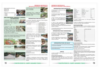 INFORME DE GESTIÓN 2013
Secretaría de Planeación y Obras Públicas
posterior actualización a nivel nacional.
Comfama: 1883
Caprecom: 1722
Coosalud: 3612

E. Ampliación puente existente sobre quebrada
peque – via a san miguel.
Inversión: $ 120.000.000

Estratificación urbana: Viviendas 535
1. Estrato 1:
147
2. Estrato 2:
353
3. Estrato 3:
39

F. Mantenimiento vial con maquinaria del
municipio: ampliación caminos de herradura y
mantenimiento periódico de vías terciarias.
Inversión $ 82.717.263

VÍAS TERCIARIAS, URBANAS Y CAMINOS
DE HERRADURA
A. Mantenimiento Rutinario De Caminos De
Herradura: Banqueo, drenajes y rocería de caminos
de herradura que comunican el sector rural con la
cabecera Municipal, entre el municipio y la
comunidad.
Inversión: $ 72.714.000.

INFRAESTRUCTURA EDUCATIVA
A. Construcción, mantenimiento y adecuación de Centros Educativos
Rurales (CER): Valor Proyecto $165.000.000

Inversión: $ 509.757.474,00

A. Mantenimiento preventivo y adecuación de
unidades sanitarias en los centros educativos
rurales de las veredas Popal, Toldas, Romeral
Chamizo, Las Lomas, Llano Del Pueblo, La
Redonda.
Valor proyecto: $ 16.500.000

D. Construcción de muro de contención y patio de
recreo y cerramiento del Centro Educativo Rural De
La Vereda El Aura.
Valor proyecto: $ 24.000.000.
E. Construcción de aulas temporales en las veredas candelaria y las faldas
de Peque.
F. GRACIAS A LA GESTION DEL ALCALDE SE Aprobó del proyecto
“CONSTRUCCION DEL BLOQUE 2 DE LA IER LOS LLANOS”, que será
financiado con recursos de ley 21 de la nación y la gobernación de
Antioquia.

14

B. Iniciación de las placas polideportivas en las
veredas bellavista y Maderal. Valor proyecto:
$70.000.000
C. Pintura, cerramiento y adecuación del campo
de juego
de la placa polideportiva del
corregimiento la vega del inglés.Valor proyecto:
16.000.000.

Se continúa la asistencia técnica a los 100 proyectos productivos
pedagógicos del año 2013.
Se apoyó en la implementación de un proyecto productivo en Aves de
Postura para la zona urbana “galpón ASOFEMPEQUE”
Huertas de las Oportunidades:
Desde la Oficina de la UMATA se ha dado continuidad al proceso de
implementación de 200 huertas caseras en 19 veredas del municipio de
Peque.

INFRAESTRUCTURA COMUNITARIA

C. Mantenimiento, adecuación y pintura del Centro
Educativo Rural Del Corregimiento La Vega Del
Inglés.
Valor proyecto: $ 16.000.000.

Pavimentación Carrera Bolívar- Parque

A. Construcción placa polideportiva en la vereda
el Llanón Cañaona
Valor proyecto: $ 35.000.000

E. Rocería general, pintura en porterías y adecuación del terreno de juego
de la cancha de futbol municipal.

B. Pintura de los Centros Educativos Rurales de las
veredas San Pablo, El Llanón Cañaona, San Julián
De Barbacoas Y Los Naipes.
Valor proyecto: $ 16.500. 000

D. Pavimentación de vías urbanas:
VALOR: $ 250.000.000

INFRAESTRUCTURA DEPORTIVA

D. Pintura en placas polideportivas de la
instrucción educativa presbítero Rodrigo Lopera
gil, bloque A Y B. Pintura, mantenimiento e
iluminación del coliseo municipal “Ricardo Antonio David Piedrahita”.
Inversión: $ 16.000.000

B. Rehabilitación de puntos críticos:
rehabilitación de puntos críticos
camino de herradura variante San Juan
de renegado y peque las lomas y el
aura. Ampliación, Pasamanos puente
Q. San Juan, perforación y fracturación
de rocas, Muros de contención y
rehabilitación de cercos. Inversión: $ 23.685.630.
C. Mejoramiento de caminos de herradura peque- lomitas (zona a) y pequebarbacoas (zona b): Ampliación, Obras de drenajes, carpeta de rodadura,
señalización, muros en gaviones y Mitigación ambiental.

INFORME DE GESTIÓN 2013
Secretaría de Planeación y Obras Públicas

CONSTRUYENDO EL CAMPO GANAMOS TODOS

A. Construcción de caseta comunal en el Barrio Italia
90, Veredas La Antigua, Toldas, El Aura y
mantenimiento de la caseta comunal Cañaveral.
Inversión: $ 100.000.000
B. Pintura y mantenimiento de la infraestructura de la
casa de la cultura (cocina, comedor, ludoteca)
Inversión: $ 30.000.000

INFRAESTRUCTURA DE SALUD
A. Iniciación de la adecuación del centro de salud del Corregimiento El Agrio
con una Inversión: $ 45.000.000.
Convenio firmado para intervención del techo o cubierta del hospital por un
valor de 80 millones de pesos.

Jornadas de Sanidad Animal:
Candelaria y Bellavista: Jornada de vacunación contra carbón Sintomático,
120 bovinos atendidos.
Renegado Valle: con 65 semovientes mulares y caballares atendidos en
Desparasitación y vitaminización. Castración de 3 equinos.
Zona Urbana: castración de 5 equinos.
Jerigua: Topización de 2 bovinos, castración de 5 cerdos.

UMATA
La oficina de la UMATA durante su gestión en el año 2013 realizó las
siguientes actividades:
Proyectos Productivos Pedagógicos
Se ejecutaron 106 proyectos productivos en 11 veredas de nuestro
municipio, donde se tenía como meta ejecutar 116 pero por
inconvenientes en la comunidad de Barbacoas no se ejecutaron 10 que se
tenían previstos para esta zona.

2 Brigada de vacunación en todo el territorio Municipal contra fiebre aftosa
y brucelosis: con una cobertura de 75% de los bovinos inmunizados
aproximadamente.
El Páramo: Brigada de desparasitación con 55 semovientes mulares y
caballares atendido en desparasitación y vitaminización, castración de 3
equinos, 11 carneros, 13 novillos y 2 cerdos.
Los Llanos: Cirugía castración en 4 equinos, castración de 9 novillos,
cirugía de ombligo de 1 ternero y cirugía en glándula mamaria de 1 vaca.
Santa Agueda: Castración de 12 novillos, atención de 1 vaca con prolapso
uterino.

CONSTRUYENDO EL CAMPO GANAMOS TODOS

15

 