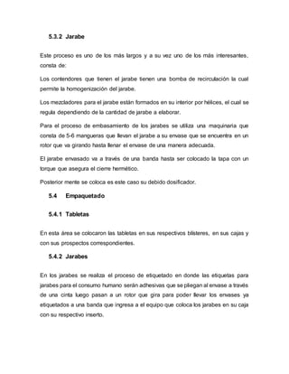 5.3.2 Jarabe
Este proceso es uno de los más largos y a su vez uno de los más interesantes,
consta de:
Los contendores que tienen el jarabe tienen una bomba de recirculación la cual
permite la homogenización del jarabe.
Los mezcladores para el jarabe están formados en su interior por hélices, el cual se
regula dependiendo de la cantidad de jarabe a elaborar.
Para el proceso de embasamiento de los jarabes se utiliza una maquinaria que
consta de 5-6 mangueras que llevan el jarabe a su envase que se encuentra en un
rotor que va girando hasta llenar el envase de una manera adecuada.
El jarabe envasado va a través de una banda hasta ser colocado la tapa con un
torque que asegura el cierre hermético.
Posterior mente se coloca es este caso su debido dosificador.
5.4 Empaquetado
5.4.1 Tabletas
En esta área se colocaron las tabletas en sus respectivos blísteres, en sus cajas y
con sus prospectos correspondientes.
5.4.2 Jarabes
En los jarabes se realiza el proceso de etiquetado en donde las etiquetas para
jarabes para el consumo humano serán adhesivas que se pliegan al envase a través
de una cinta luego pasan a un rotor que gira para poder llevar los envases ya
etiquetados a una banda que ingresa a el equipo que coloca los jarabes en su caja
con su respectivo inserto.
 