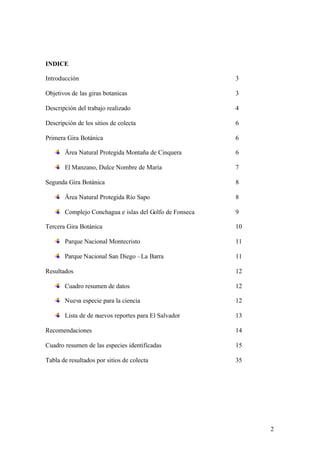 INDICE

Introducción                                             3

Objetivos de las giras botanicas                         3

Descripción del trabajo realizado                        4

Descripción de los sitios de colecta                     6

Primera Gira Botánica                                    6

       Ärea Natural Protegida Montaña de Cinquera        6

       El Manzano, Dulce Nombre de María                 7

Segunda Gira Botánica                                    8

       Ärea Natural Protegida Río Sapo                   8

       Complejo Conchagua e islas del Golfo de Fonseca   9

Tercera Gira Botánica                                    10

       Parque Nacional Montecristo                       11

       Parque Nacional San Diego –La Barra               11

Resultados                                               12

       Cuadro resumen de datos                           12

       Nueva especie para la ciencia                     12

       Lista de de nuevos reportes para El Salvador      13

Recomendaciones                                          14

Cuadro resumen de las especies identificadas             15

Tabla de resultados por sitios de colecta                35




                                                              2
 