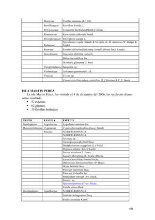 Moraceae         Trophis racemosa (L.) Urb.
                 Passifloraceae   Passiflora foetida L.
                 Polygonaceae     Coccoloba floribunda (Benth.) Lindau
                 Rhamnaceae       Karwinskia calderonii Standl.
                 Rhizophoraceae Rhizophora mangle L.
                                Spermacoce vegeta (Standl. & Steyerm.) C. D. Adams ex W. Burger &
                 Rubiaceae      Taylor
                 Rutaceae         Esenbeckia berlandieri subsp. litoralis (Donn. Sm.) Kaastra
                 Sterculiaceae    Guazuma ulmifolia Lamarck
                                  Melochia nodiflora Sw.
                                  Waltheria glomerata C. Presl
                 Theophrastaceae Jacquinia sp.
                 Verbenaceae      Avicennia germinans (L.) L.
                 Vitaceae         Cissus sp.
                                  Cissus verticillata subsp. verticillata (L.) Nicolson & C. E. Jarvis



ISLA MARTIN PEREZ
   La isla Martín Pérez, fue visitada el 4 de diciembre del 2006, las recolectas dieron
como resultado:
   • 57 especies
   • 62 géneros
   • 30 familias botánicas


GRUPO            FAMILIA          ESPECIE
Pteridophytos    Lygodiaceae      Lygodium venustum Sw.
Monocotiledóneas Cyperaceae       Cyperus hermaphroditus (Jacq.) Standl.
                 Poaceae          NO DETERMINADA
                                  NO DETERMINADA
                                  Aristida sp.
                                  Axonopus poiophyllus Chase
                                  Dactyloctenium aegyptium (L.) Willd.
                                  Digitaria ciliaris (Retz.) Koeler
                                  Jouvea straminea E. Fourn.
                                  Lasiacis rhizophora (E. Fourn.) Hitchc.
                                  Lasiacis ruscifolia (Kunth) Hitchc.
                                  Oplismenus burmannii (Retz.) P. Beauv.
                                  Oryza latifolia Desv.
                                  Panicum maximum Jacq.
                                  Panicum trichoides Sw.
                                  Pennisetum setosum (Sw.) Rich.
                                  Setaria sp.
                                  Spartina spartinae (Trin.) Hitchc.
                                  Uniola pittieri Hack.
Dicotiledóneas   Acanthaceae      NO DETERMINADA
                                  Justicia carthaginensis Jacq.
                                  Ruellia inundata Kunth


                                                                                                     60
 