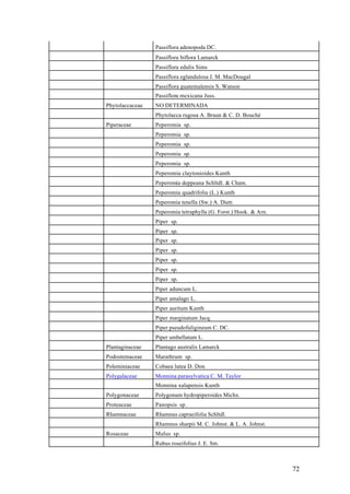 Passiflora adenopoda DC.
                 Passiflora biflora Lamarck
                 Passiflora edulis Sims
                 Passiflora eglandulosa J. M. MacDougal
                 Passiflora guatemalensis S. Watson
                 Passiflora mexicana Juss.
Phytolaccaceae   NO DETERMINADA
                 Phytolacca rugosa A. Braun & C. D. Bouché
Piperaceae       Peperomia sp.
                 Peperomia sp.
                 Peperomia sp.
                 Peperomia sp.
                 Peperomia sp.
                 Peperomia claytonioides Kunth
                 Peperomia deppeana Schltdl. & Cham.
                 Peperomia quadrifolia (L.) Kunth
                 Peperomia tenella (Sw.) A. Dietr.
                 Peperomia tetraphylla (G. Forst.) Hook. & Arn.
                 Piper sp.
                 Piper sp.
                 Piper sp.
                 Piper sp.
                 Piper sp.
                 Piper sp.
                 Piper sp.
                 Piper aduncum L.
                 Piper amalago L.
                 Piper auritum Kunth
                 Piper marginatum Jacq.
                 Piper pseudofuligineum C. DC.
                 Piper umbellatum L.
Plantaginaceae   Plantago australis Lamarck
Podostemaceae    Marathrum sp.
Poleminiaceae    Cobaea lutea D. Don
Polygalaceae     Monnina parasylvatica C. M. Taylor
                 Monnina xalapensis Kunth
Polygonaceae     Polygonum hydropiperoides Michx.
Proteaceae       Panopsis sp.
Rhamnaceae       Rhamnus capraeifolia Schltdl.
                 Rhamnus sharpii M. C. Johnst. & L. A. Johnst.
Rosaceae         Malus sp.
                 Rubus roseifolius J. E. Sm.



                                                                  72
 