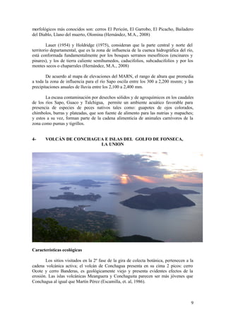 morfológicos más conocidos son: cerros El Pericón, El Garrobo, El Picacho, Bailadero
del Diablo, Llano del muerto, Olomina (Hernández, M.A., 2008)

         Lauer (1954) y Holdridge (1975), consideran que la parte central y norte del
territorio departamental, que es la zona de influencia de la cuenca hidrográfica del río,
está conformada fundamentalmente por los bosques serranos mesofíticos (encinares y
pinares), y los de tierra caliente semihumedos, caducifolios, subcaducifolios y por los
montes secos o chaparrales (Hernández, M.A., 2008)

        De acuerdo al mapa de elevaciones del MARN, el rango de altura que promedia
a toda la zona de influencia para el río Sapo oscila entre los 300 a 2,200 msnm; y las
precipitaciones anuales de lluvia entre los 2,100 a 2,400 mm.

       La escasa contaminación por desechos sólidos y de agroquímicos en los caudales
de los ríos Sapo, Guaco y Talchigua, permite un ambiente acuático favorable para
presencia de especies de peces nativos tales como: guapotes de ojos colorados,
chimbolos, burras y plateadas, que son fuente de alimento para las nutrias y mapaches;
y estos a su vez, forman parte de la cadena alimenticia de animales carnívoros de la
zona como pumas y tigrillos.


4-     VOLCÁN DE CONCHAGUA E ISLAS DEL GOLFO DE FONSECA,
                         LA UNION




Características ecológicas

       Los sitios visitados en la 2º fase de la gira de colecta botánica, pertenecen a la
cadena volcánica activa; el volcán de Conchagua presenta en su cima 2 picos: cerro
Ocote y cerro Banderas, es geológicamente viejo y presenta evidentes efectos de la
erosión. Las islas volcánicas Meanguera y Conchaguita parecen ser más jóvenes que
Conchagua al igual que Martín Pérez (Escamilla, et. al, 1986).



                                                                                       9
 