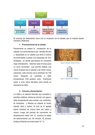 Elaboración de
                                 Cerveza



     Primero            Segundo              Tercero            Cuarto



                                       Camara de frio y
  Procesamiento         Cocción y                           Embotellado y
                                        Distribución de
   de la Cebada       Fermentación                          empaquetado
                                             malta


El proceso de elaboración inicia con la recepción de la cebada que la importa desde
Canadá y Argentina.

         1. Procesamiento de la cebada

Previamente se realiza la      recolección de la
cebada, la cual es llevada a por canales de aire
y depositada en un saladin que tiene 2 metros
de profundidad y posee una capacidad de 72.5
toneladas en donde permanece en constante
                                                                  Figura 2 Cebada- Materia Prima
riego (hidratación). Además cada 8 horas pasa
un carro removedor que permite realizar una
nueva limpieza de la cebada y de retirar raíces
sobrantes, este proceso dura alrededor de 100
horas.    Después      es   sometida     a     altas
temperaturas (150 grados), para         finalmente                Figura 1 Depósitos de Cebada

pasar a unos tubos llamados silos donde se
almacena la malta.


         2. Cocción y fermentación
La malta y el adjunto triturado son enviados a
grandes calderas, donde se cocinan con agua a
altas temperaturas para extraer sus nutrientes.
Al mezclarse      y filtrarse so obtiene el mosto
(liquido claro y dulce), al cual se le agrega
lúpulo mientras se cocina para dar sabor y
aroma. Luego del periodo de cocimiento de
                                                          Figura 3 Olla para la cocción de la cebada
temperaturas hasta 104 °C, continúa la etapa
de sedimentación por 30 minutos. El proceso
finaliza enfriando el mosto hasta 10 ° C.

                                                                                                       10
 